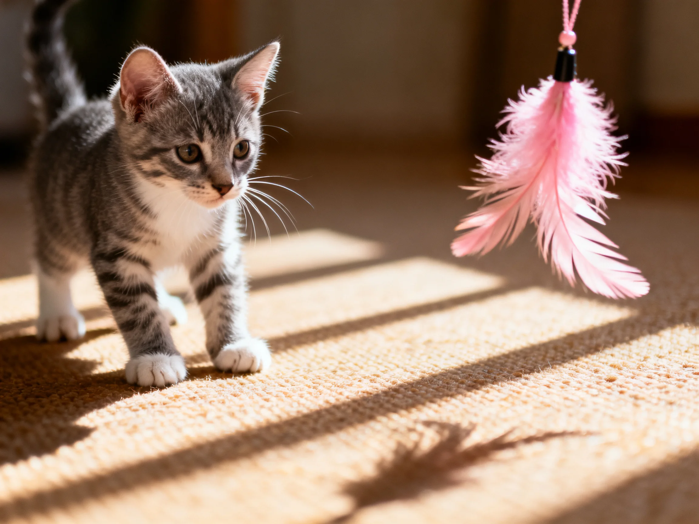 A gray tabby kitten explores near a pink feather toy on a sunlit carpet