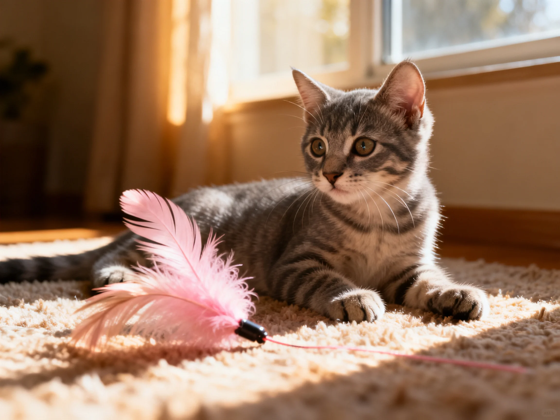 A gray tabby kitten sits beside a pink feather toy on a sunlit carpet