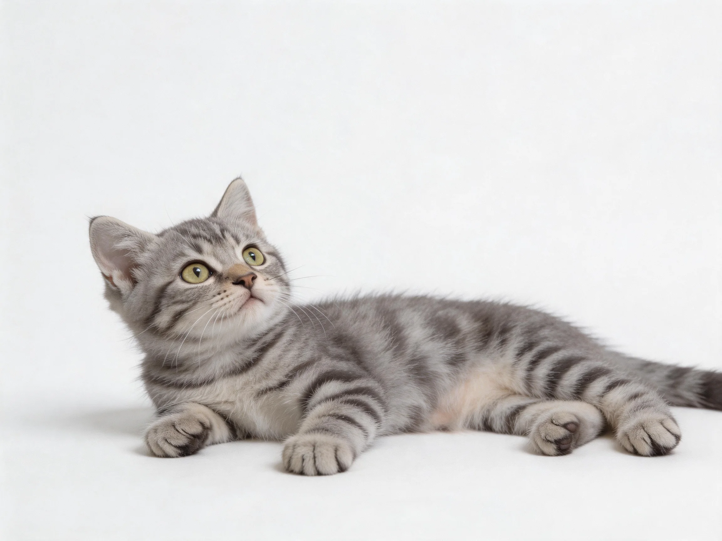 A gray tabby kitten relaxes on a white surface.