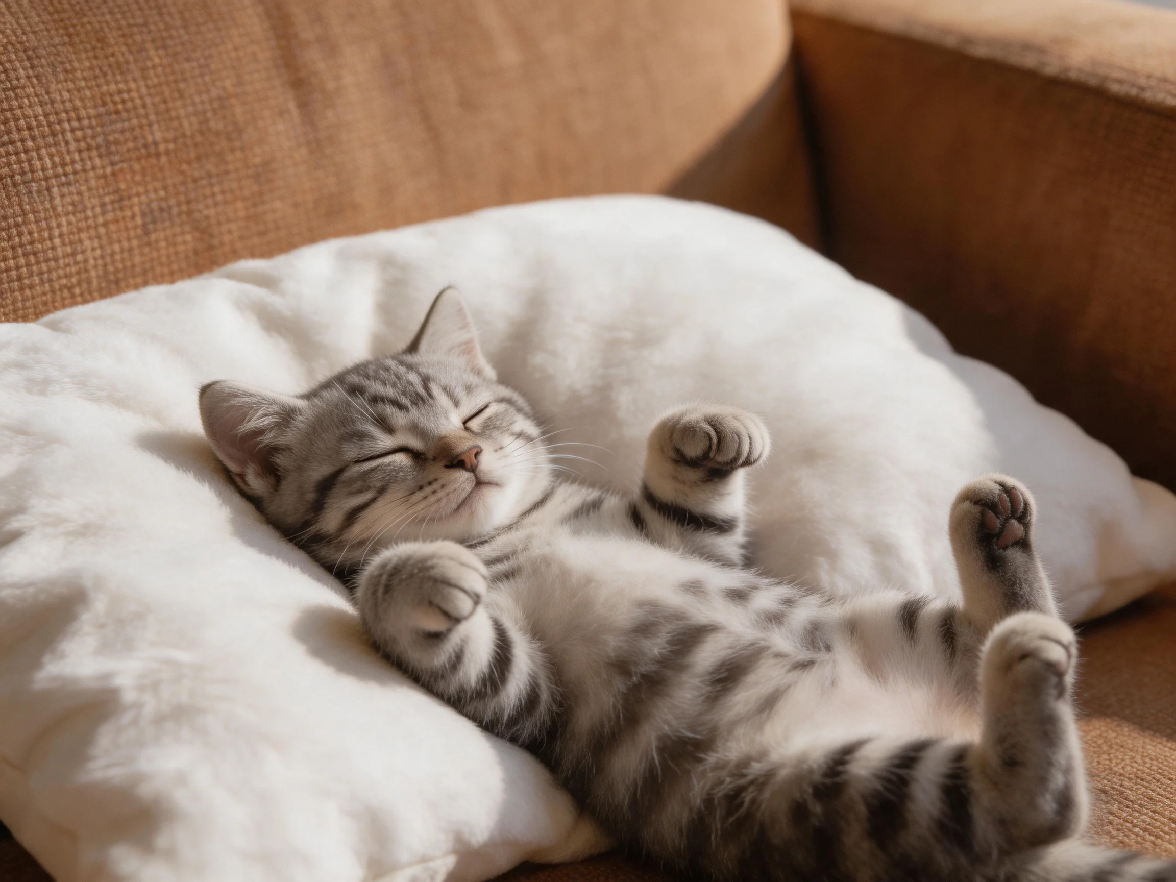 A gray tabby kitten rests comfortably on a white pillow on a brown couch