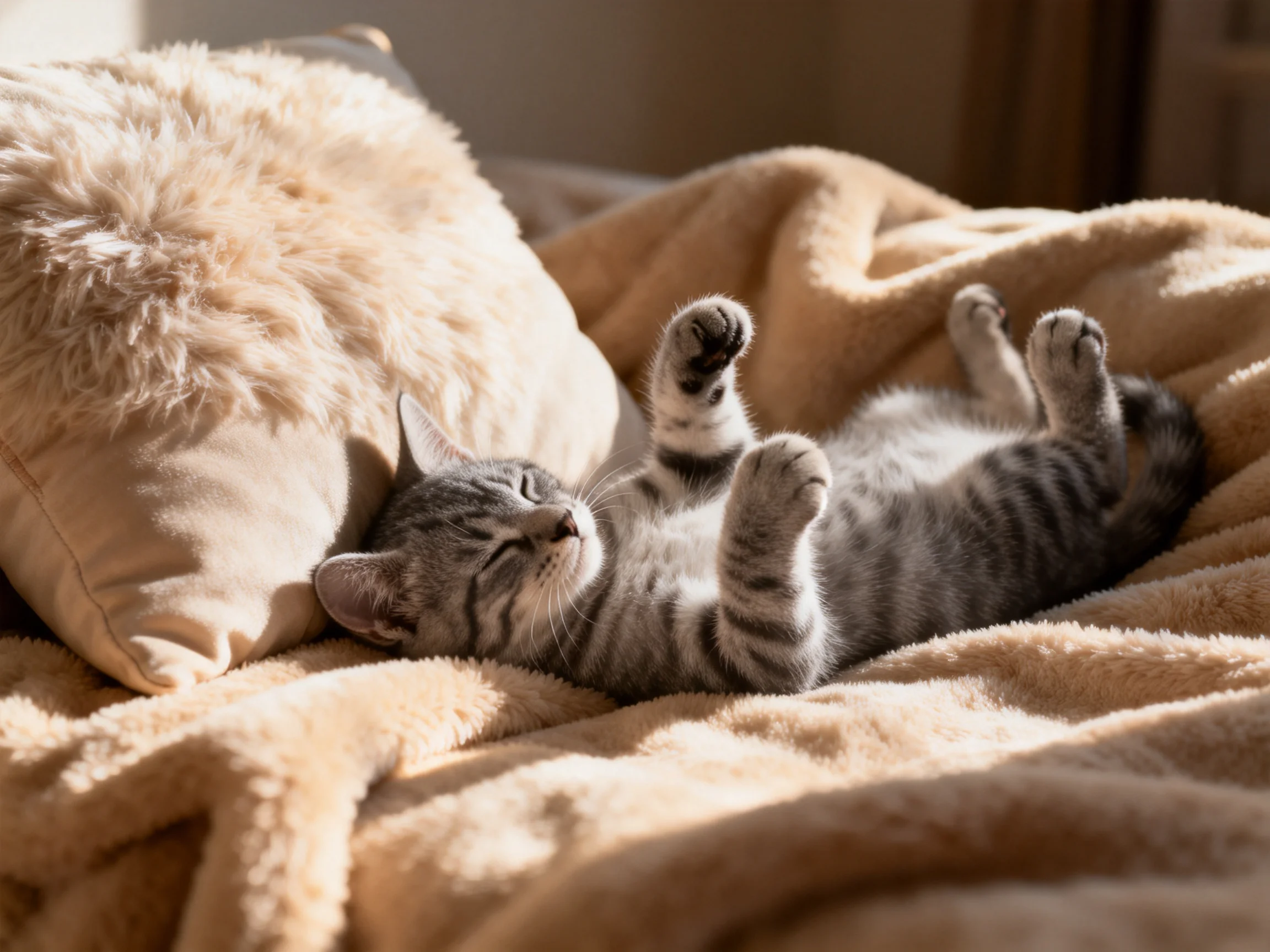 A gray tabby kitten lies comfortably on plush bedding beside a fluffy pillow.