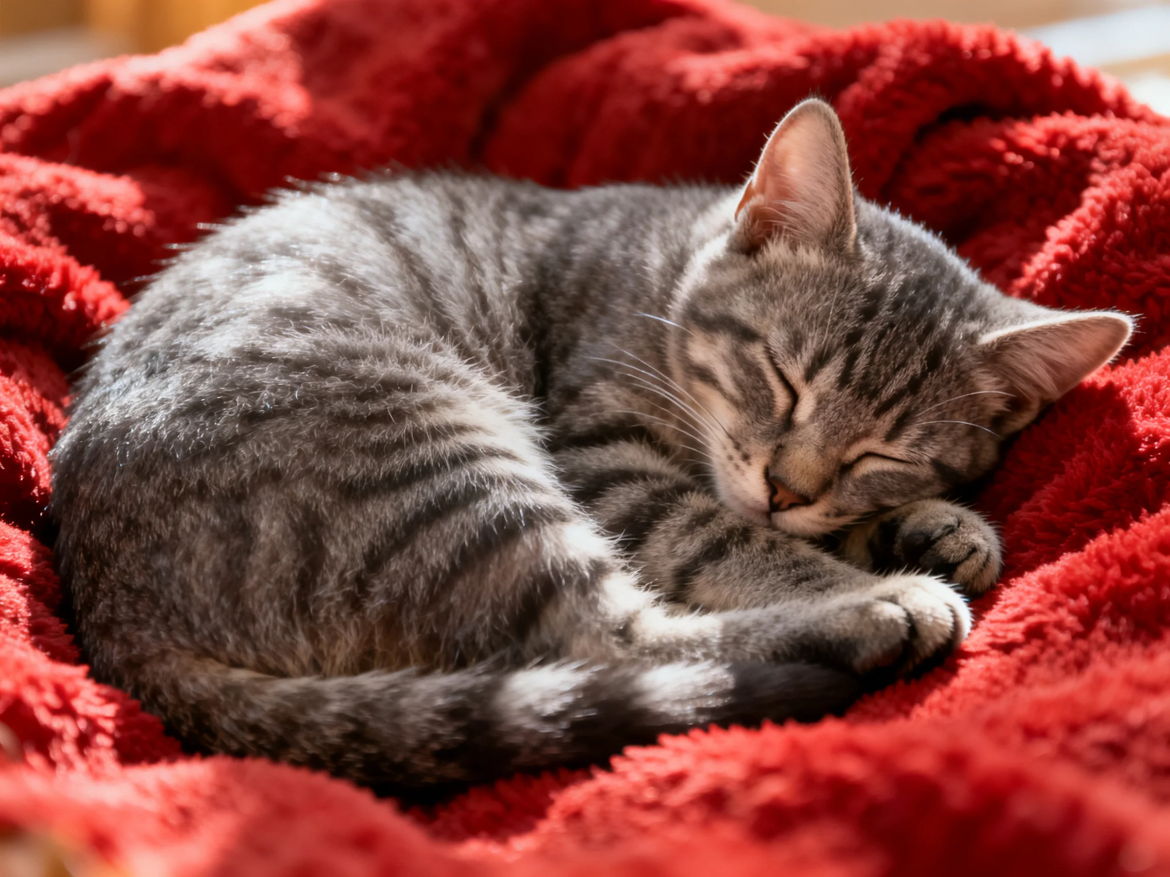 A gray tabby kitten rests on a plush red blanket