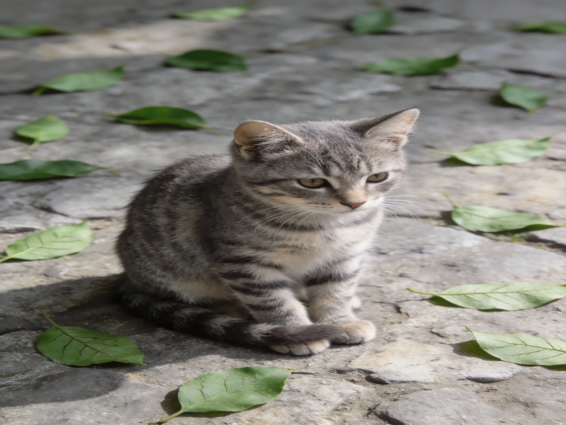 A gray tabby kitten rests on a stone path with scattered green leaves surrounding it