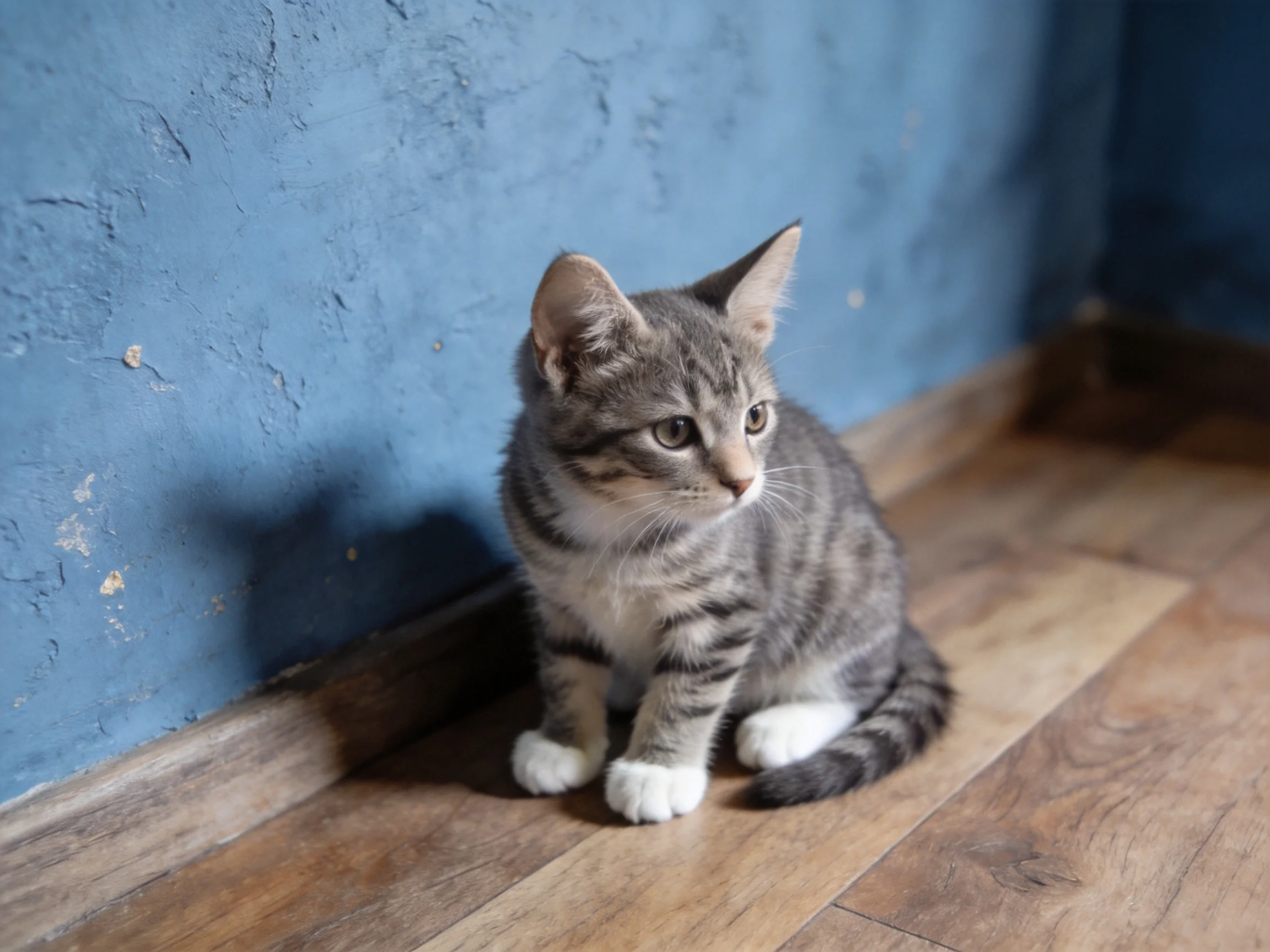 A gray tabby kitten sits beside a textured blue wall on wood flooring