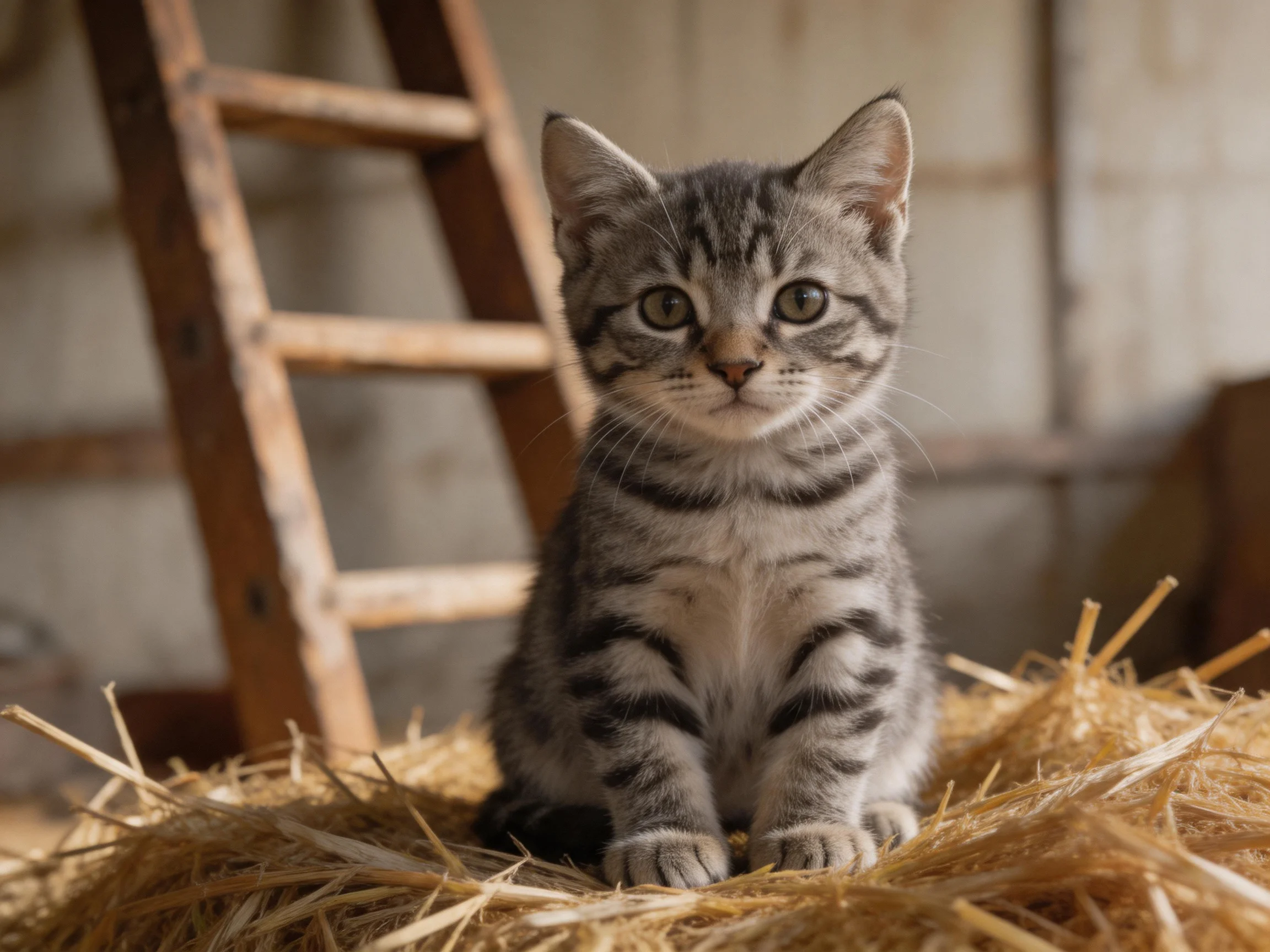 A gray tabby kitten sits on straw near an old wooden ladder