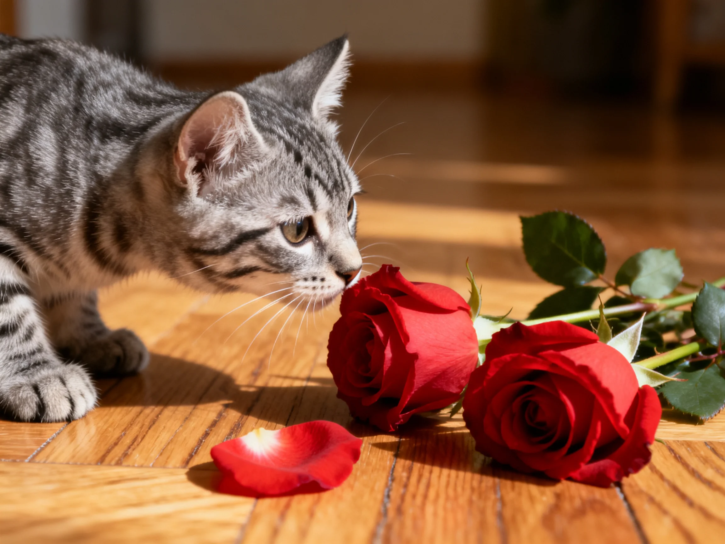 A gray tabby kitten sniffs two red roses with a rose petal