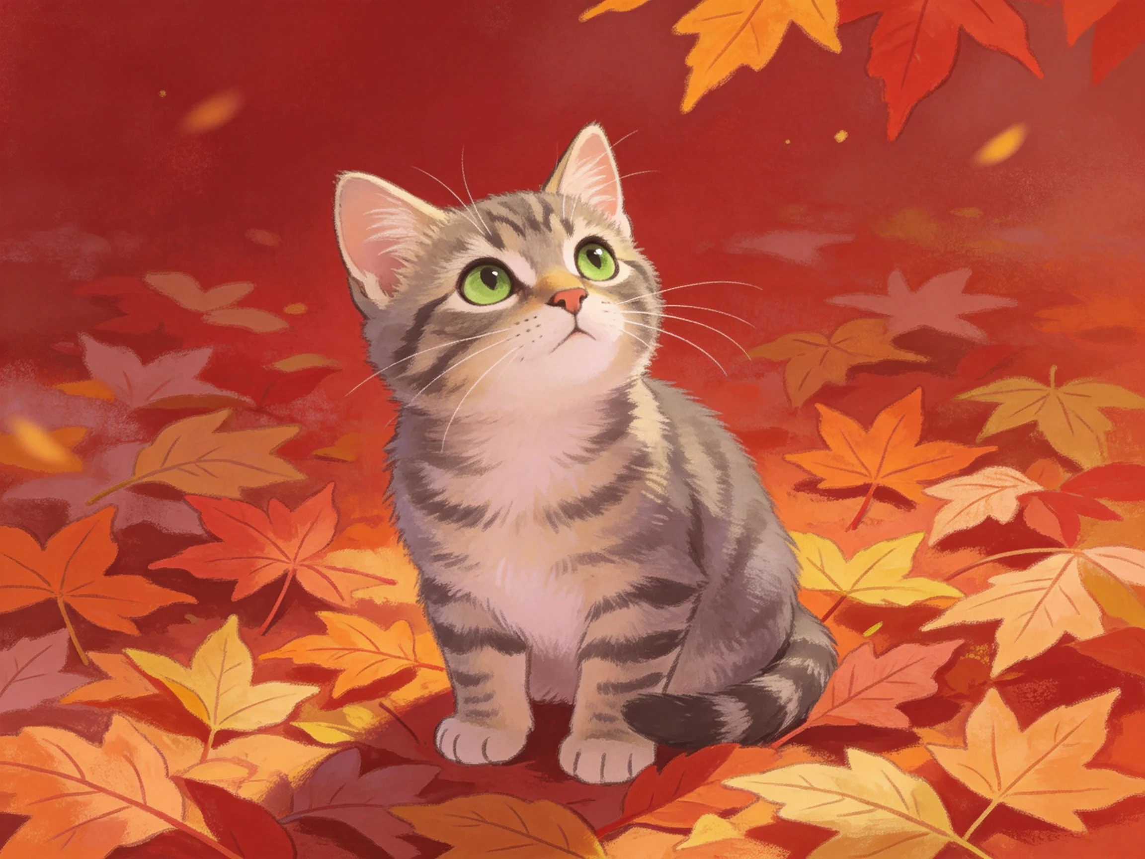 A gray tabby kitten sits among colorful autumn leaves in a warm environment.