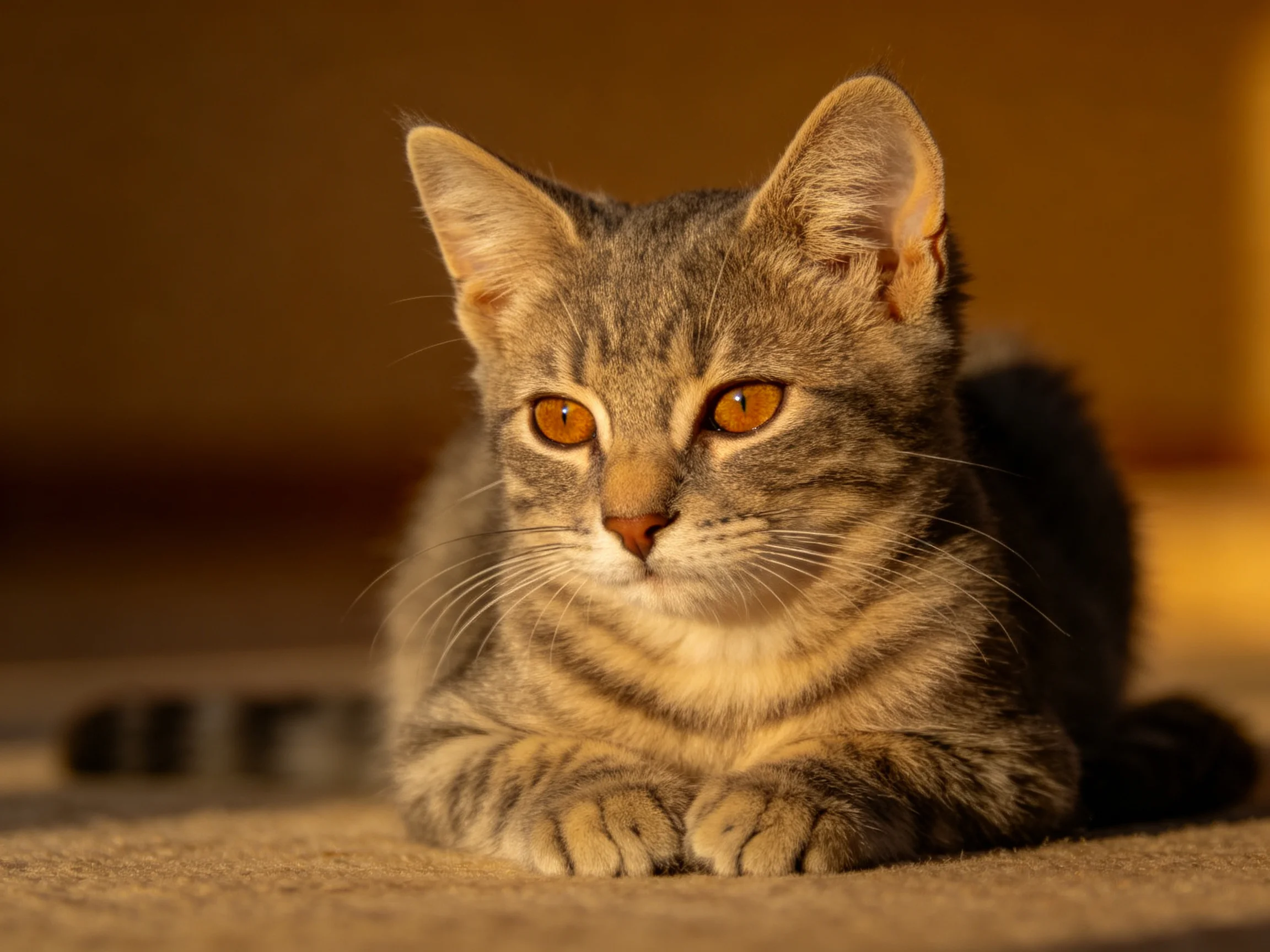 A gray tabby kitten with amber eyes rests on a carpet under warm lighting