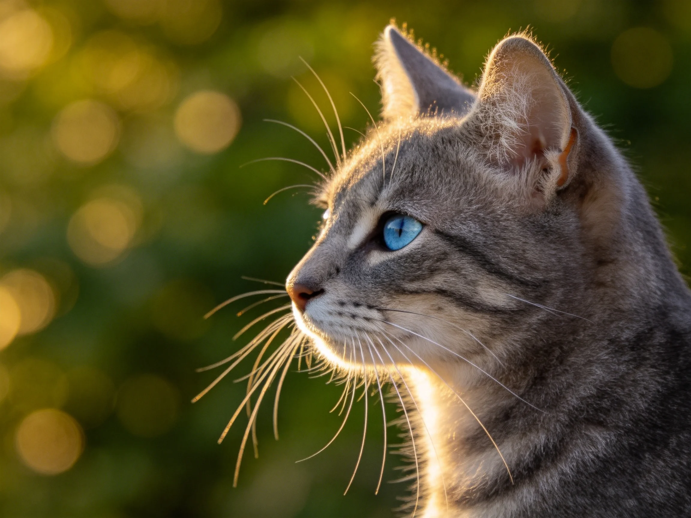 A gray tabby kitten with blue eyes gazes past a softly blurred green backdrop.