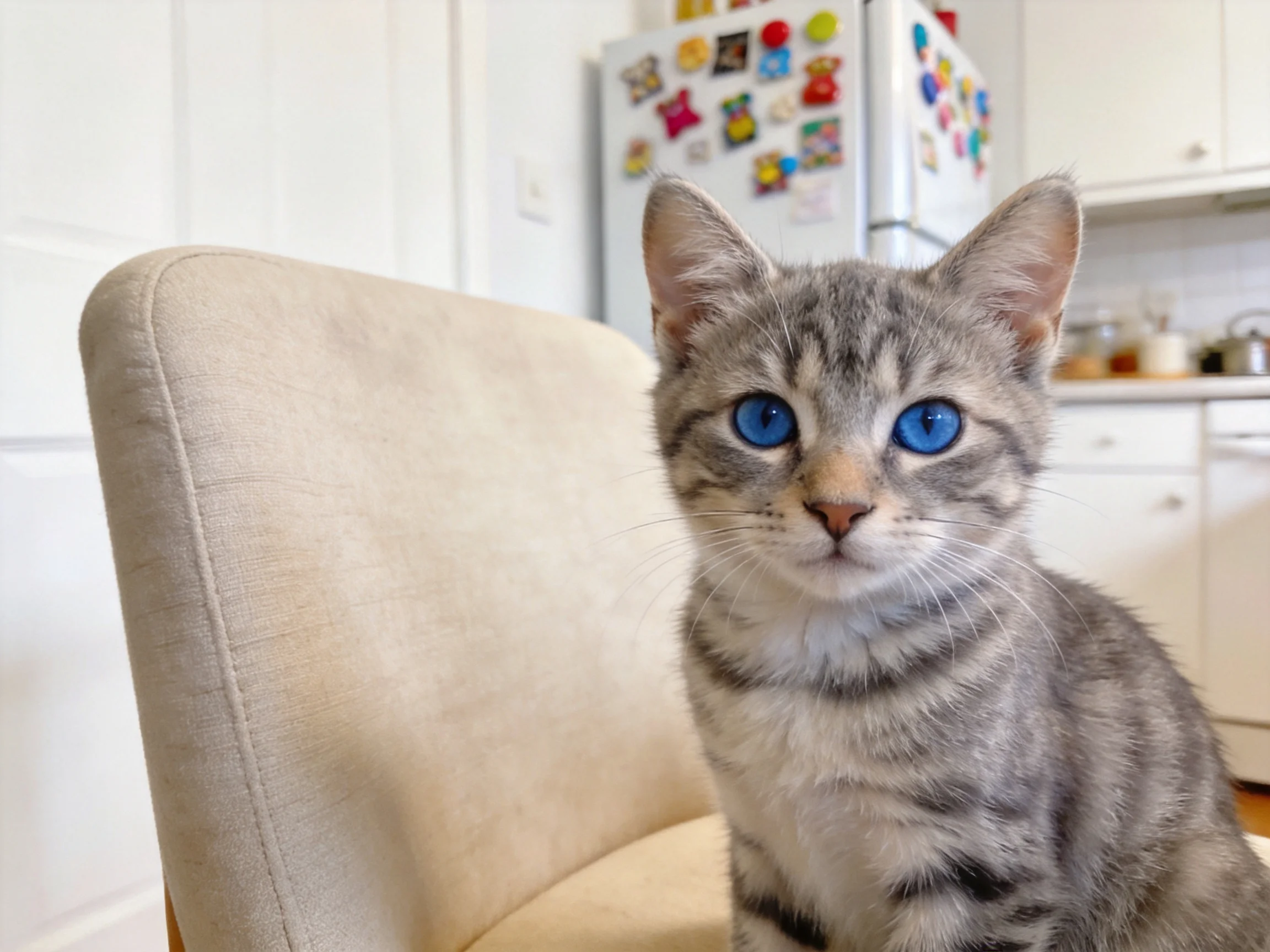 A gray tabby kitten with blue eyes sits near a beige chair in a cozy kitchen.
