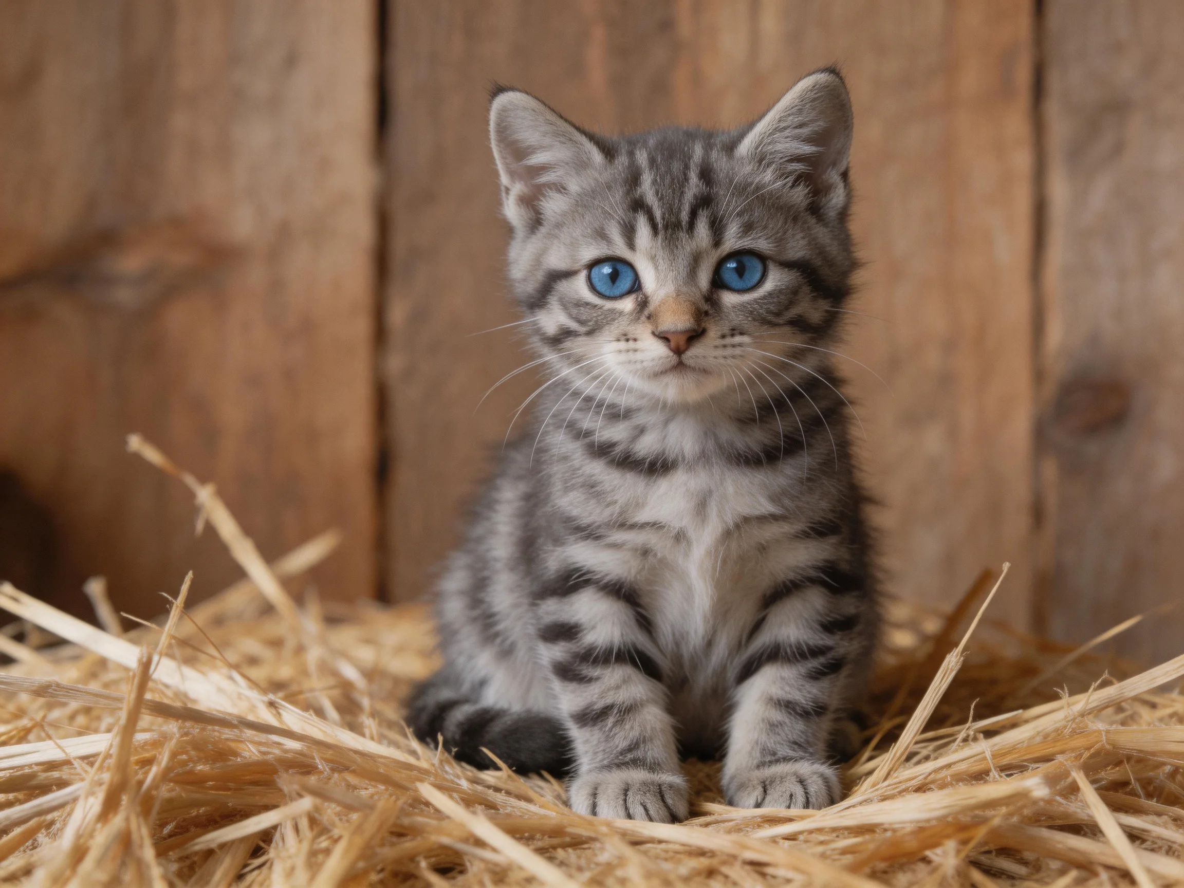 A gray tabby kitten with blue eyes sits on straw near wooden walls.
