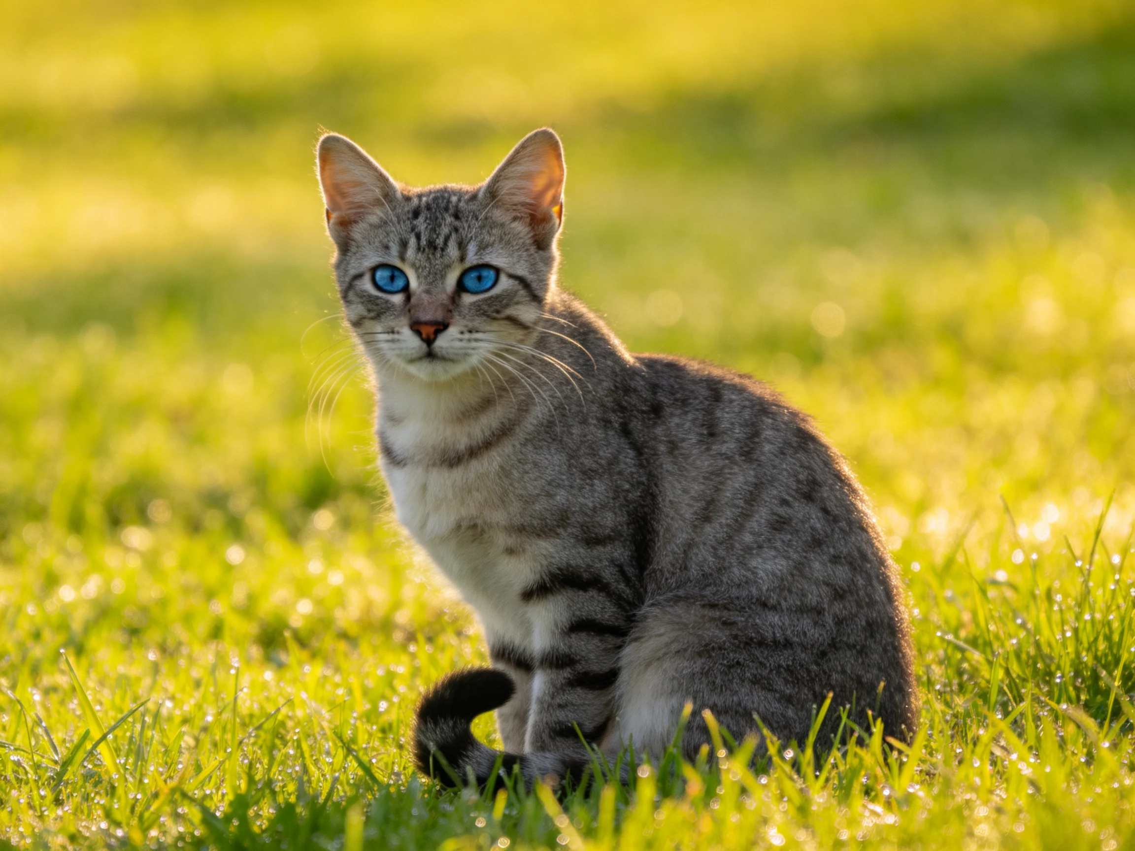 A gray tabby kitten with blue eyes sits on green grass.