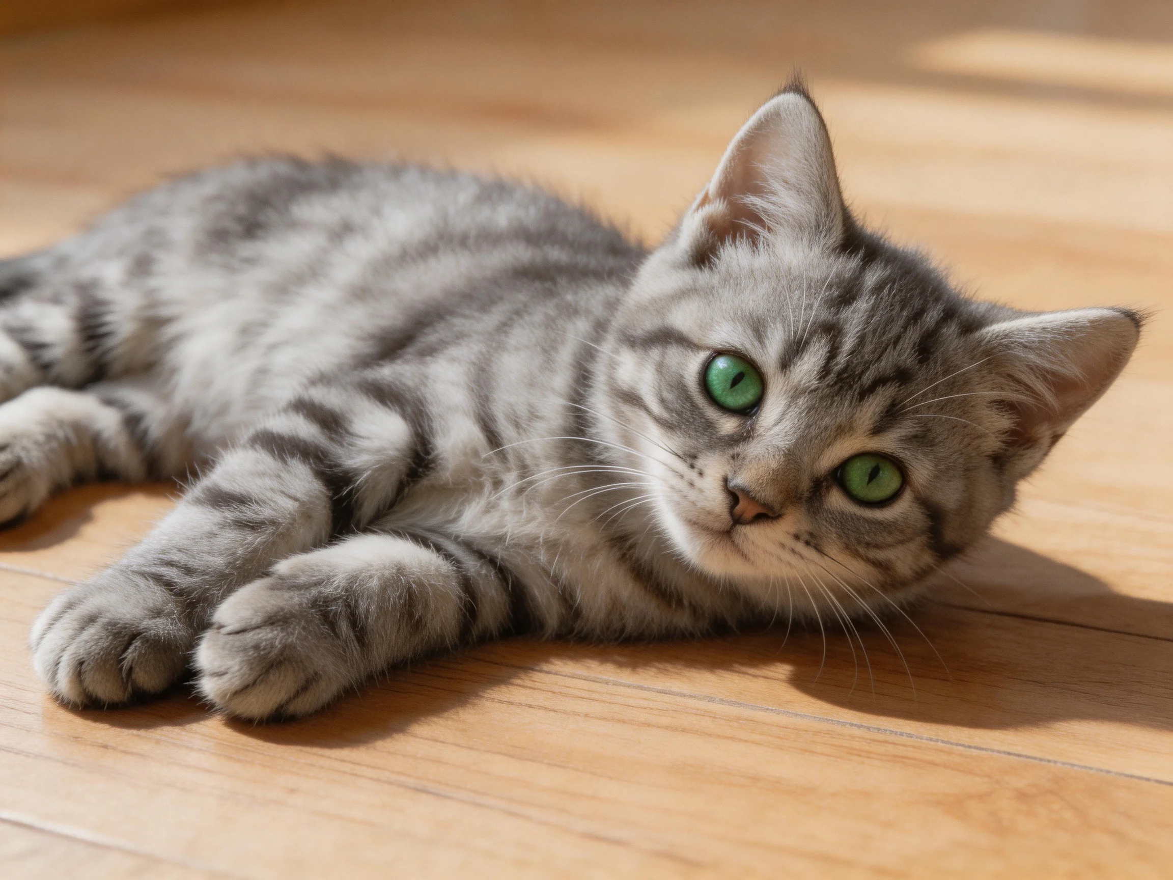 A gray tabby kitten with bright green eyes relaxes on wooden flooring.