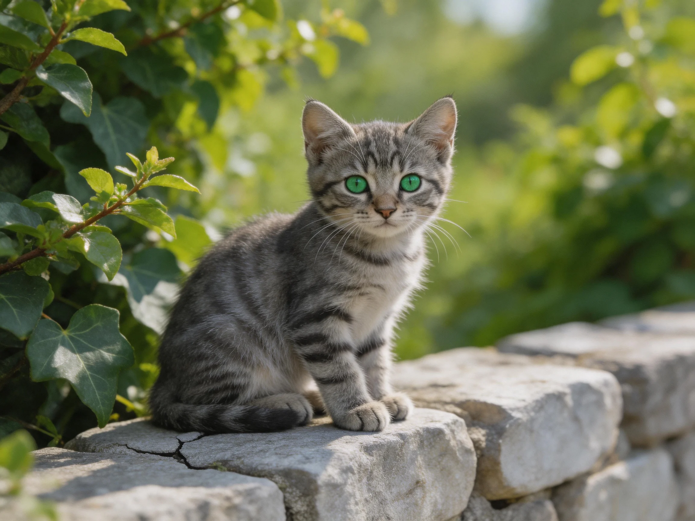 A gray tabby kitten with green eyes rests on a stone wall surrounded by greenery.