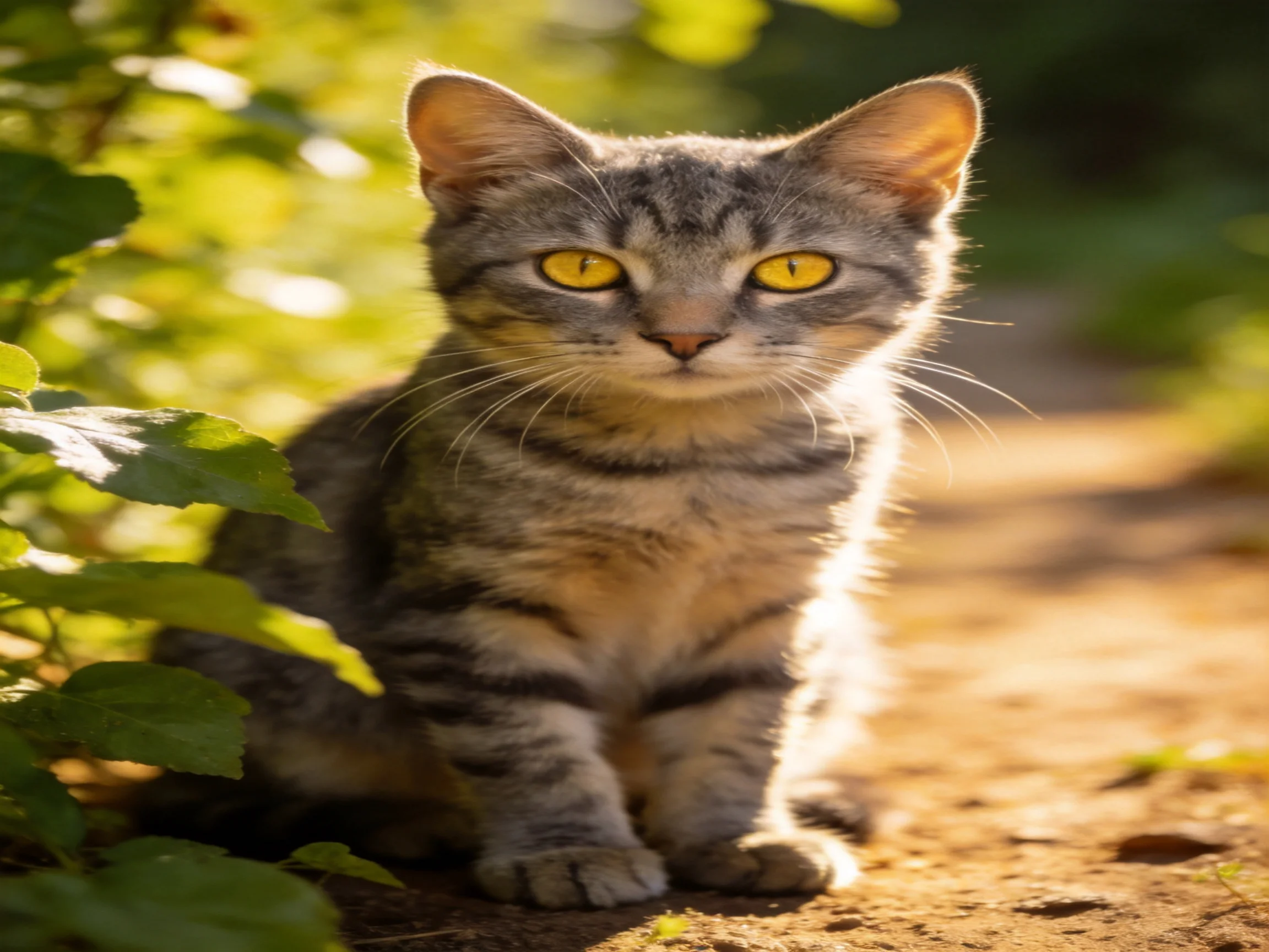 A gray tabby kitten with yellow eyes sits calmly among greenery on a sunlit path.