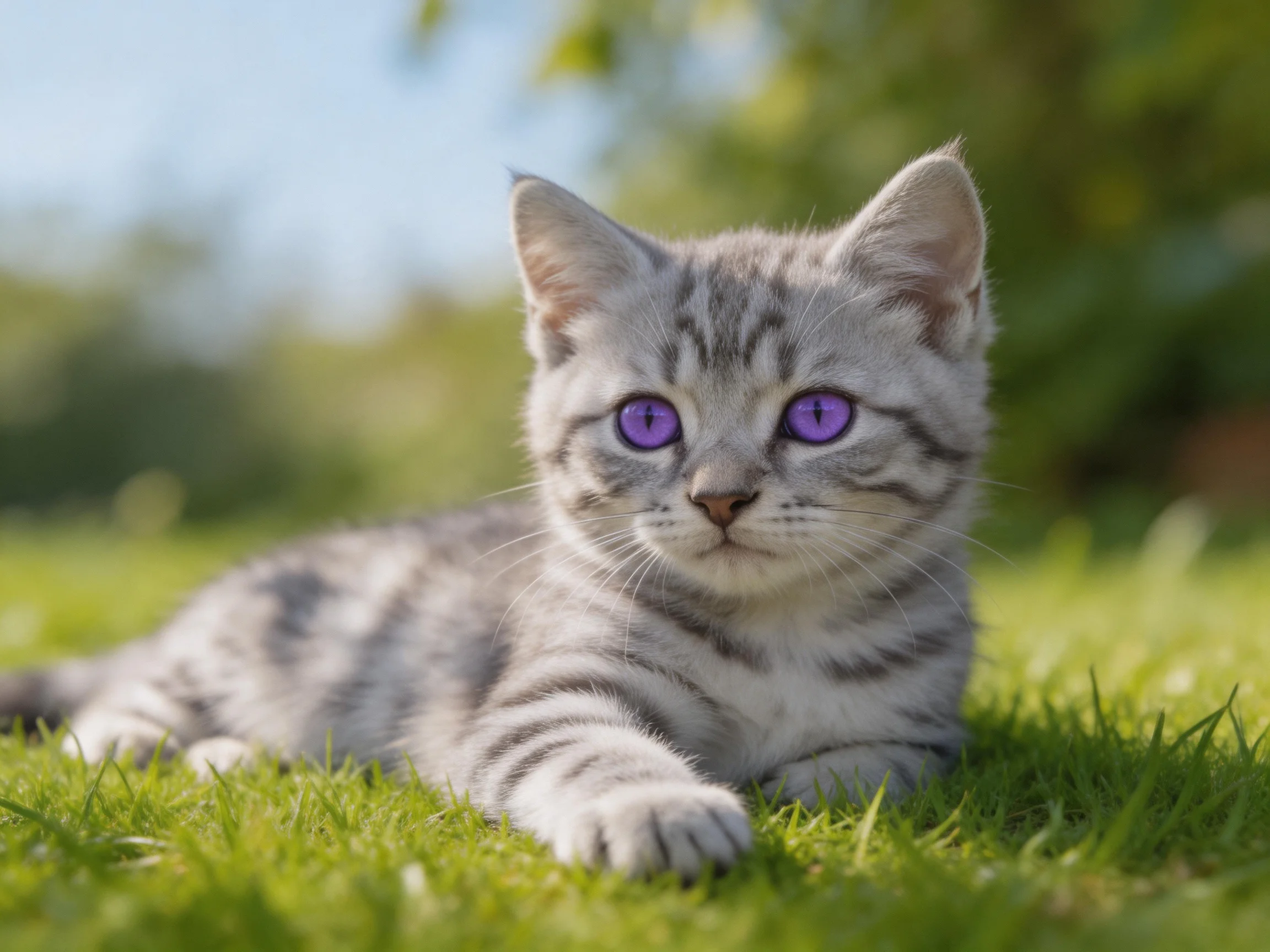 A gray tabby kitten with purple eyes rests on green grass outdoors.