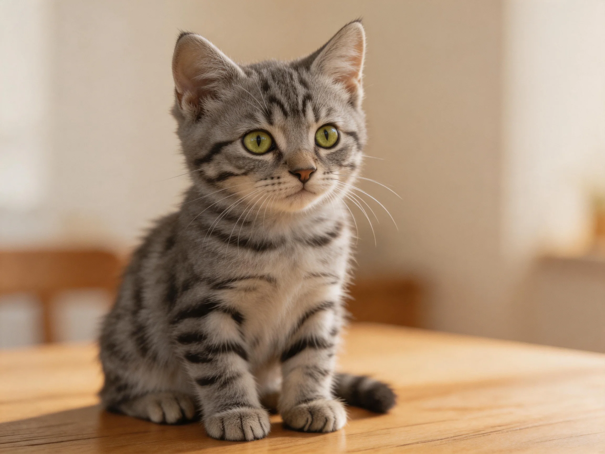 A gray tabby kitten sits calmly on a wooden table indoors