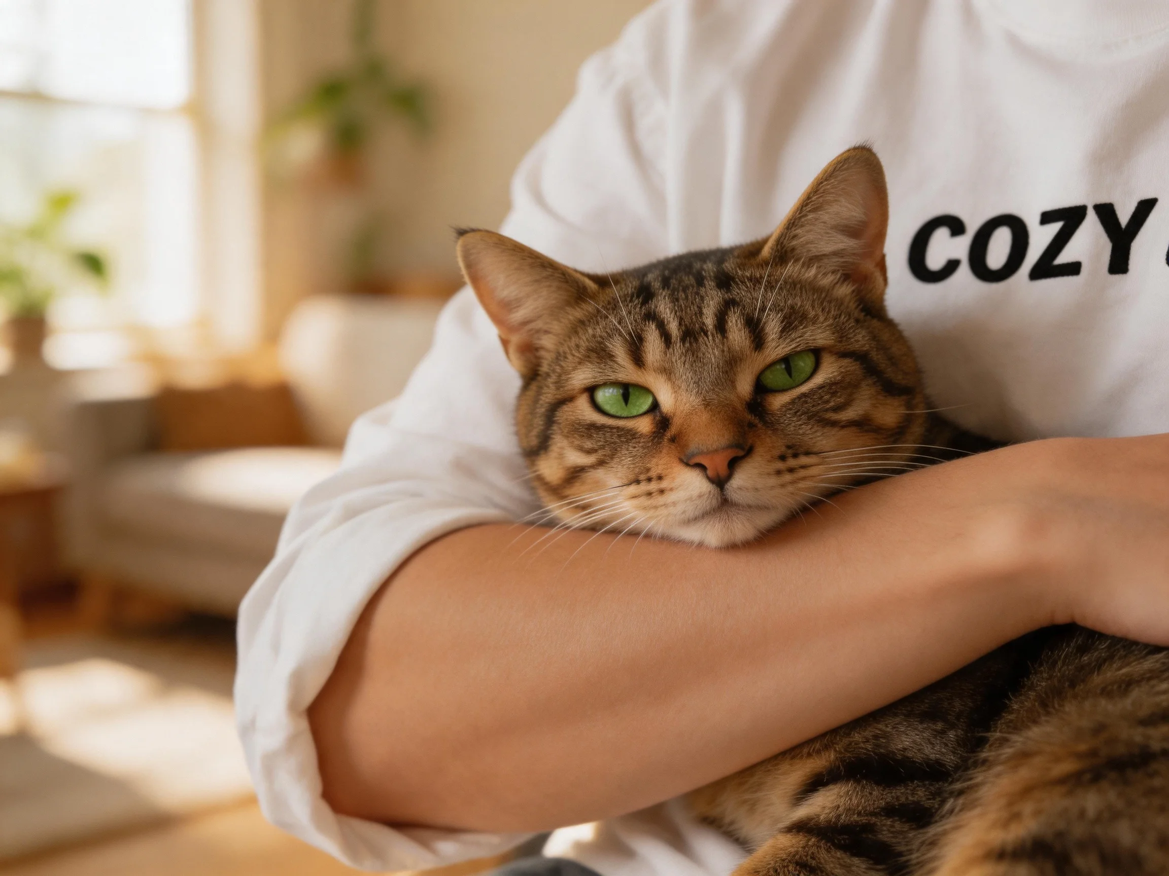 A green-eyed tabby cat rests in a sunlit cozy room