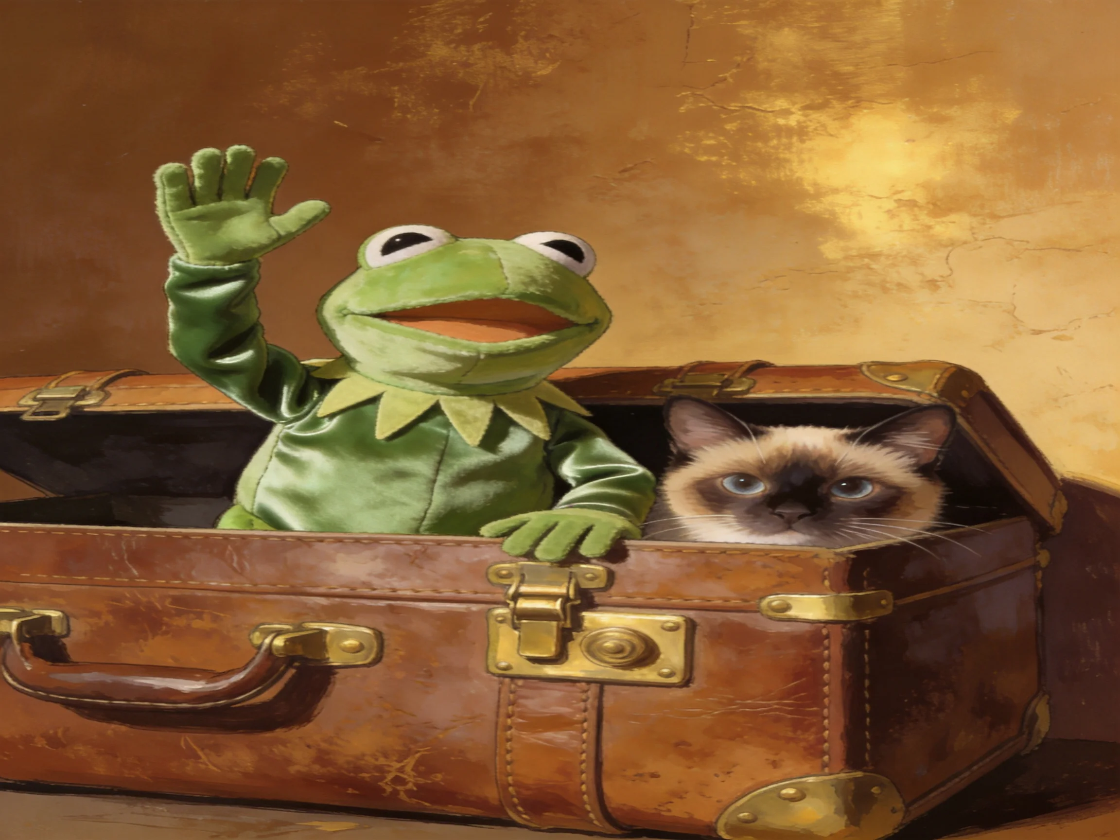 A green frog puppet and Siamese cat sit inside an aged brown suitcase