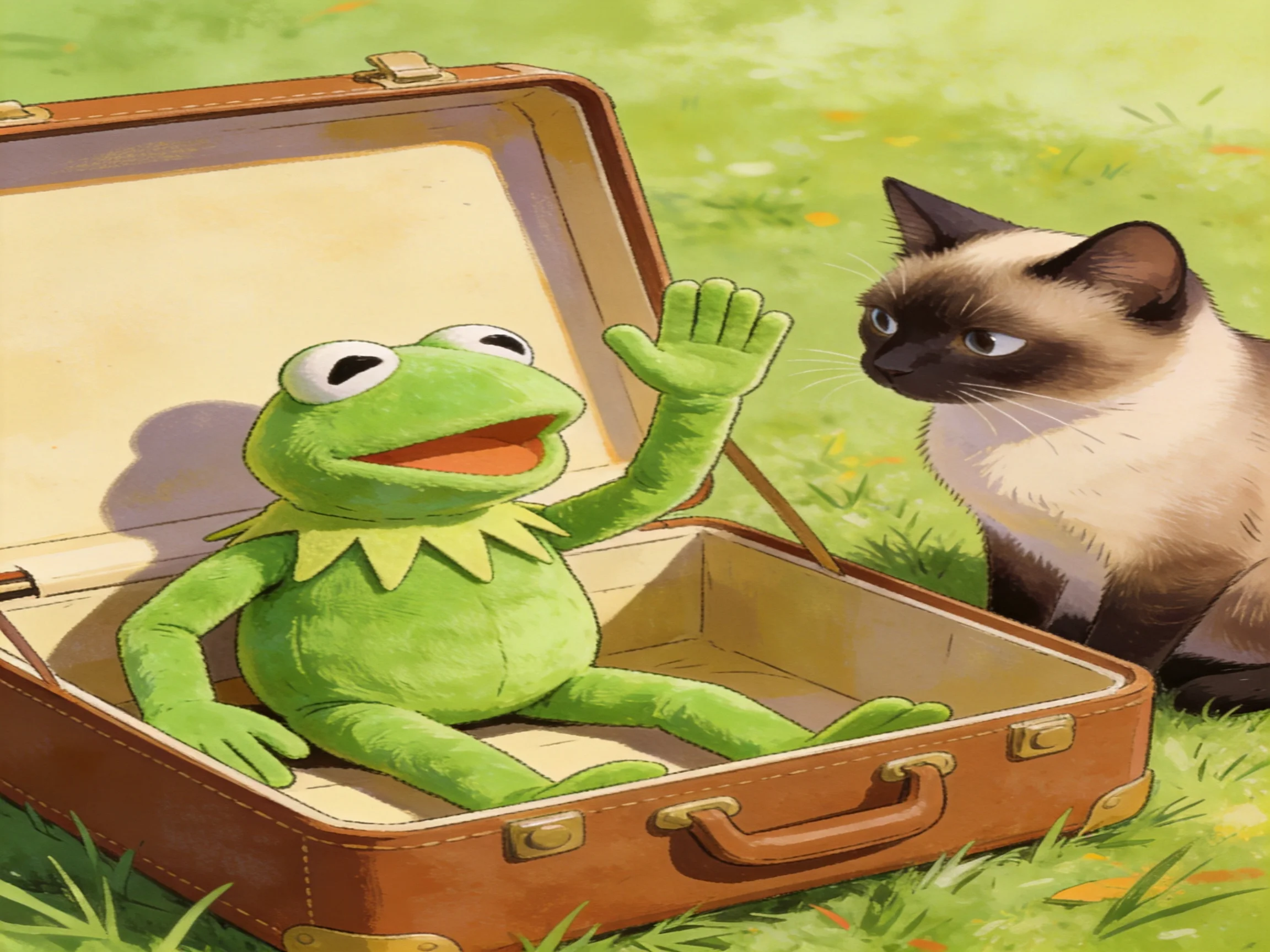 A green frog sits in an open brown suitcase beside a Siamese cat