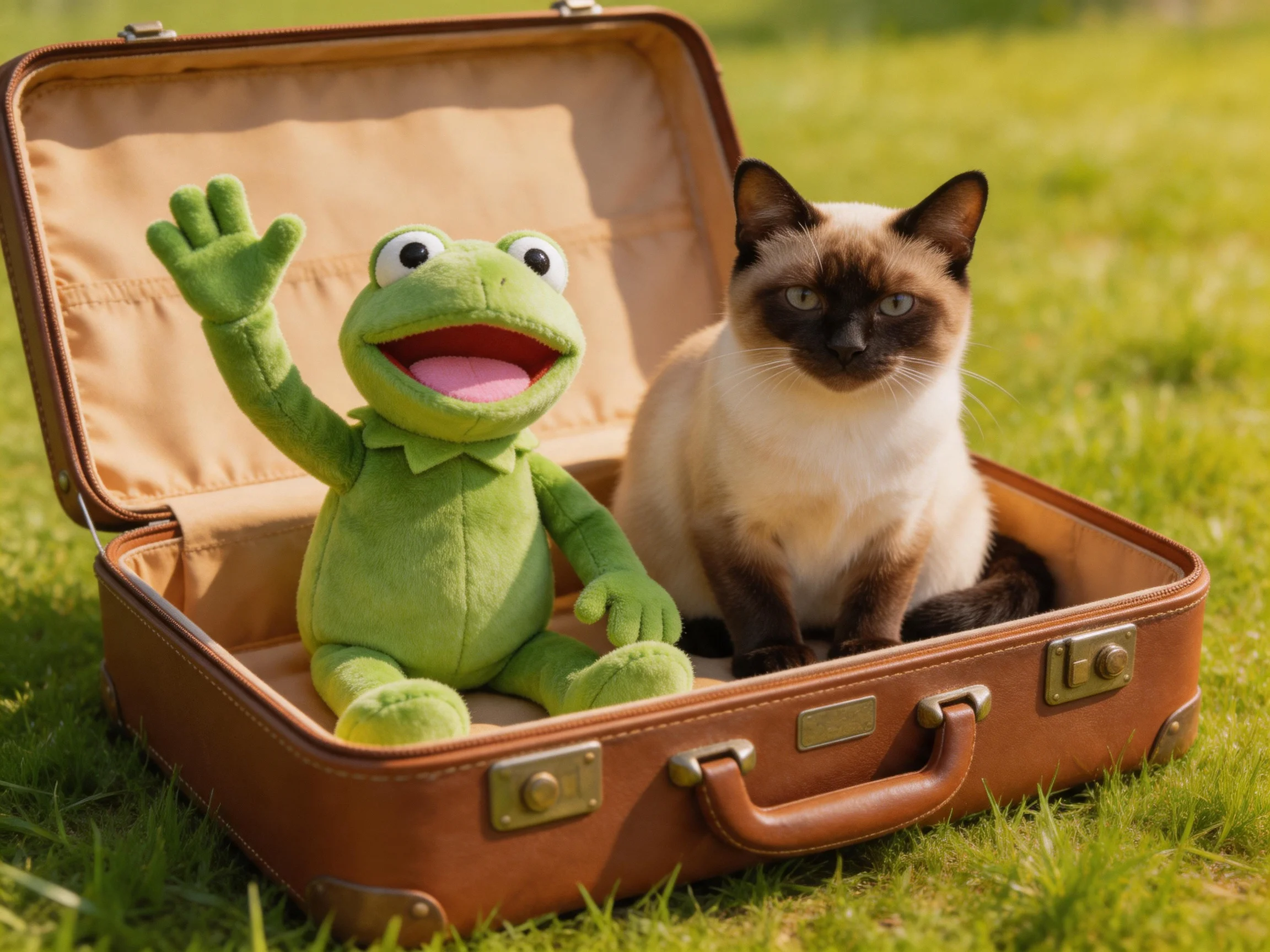 A green plush frog and a Siamese cat sit inside an open brown suitcase on grass.