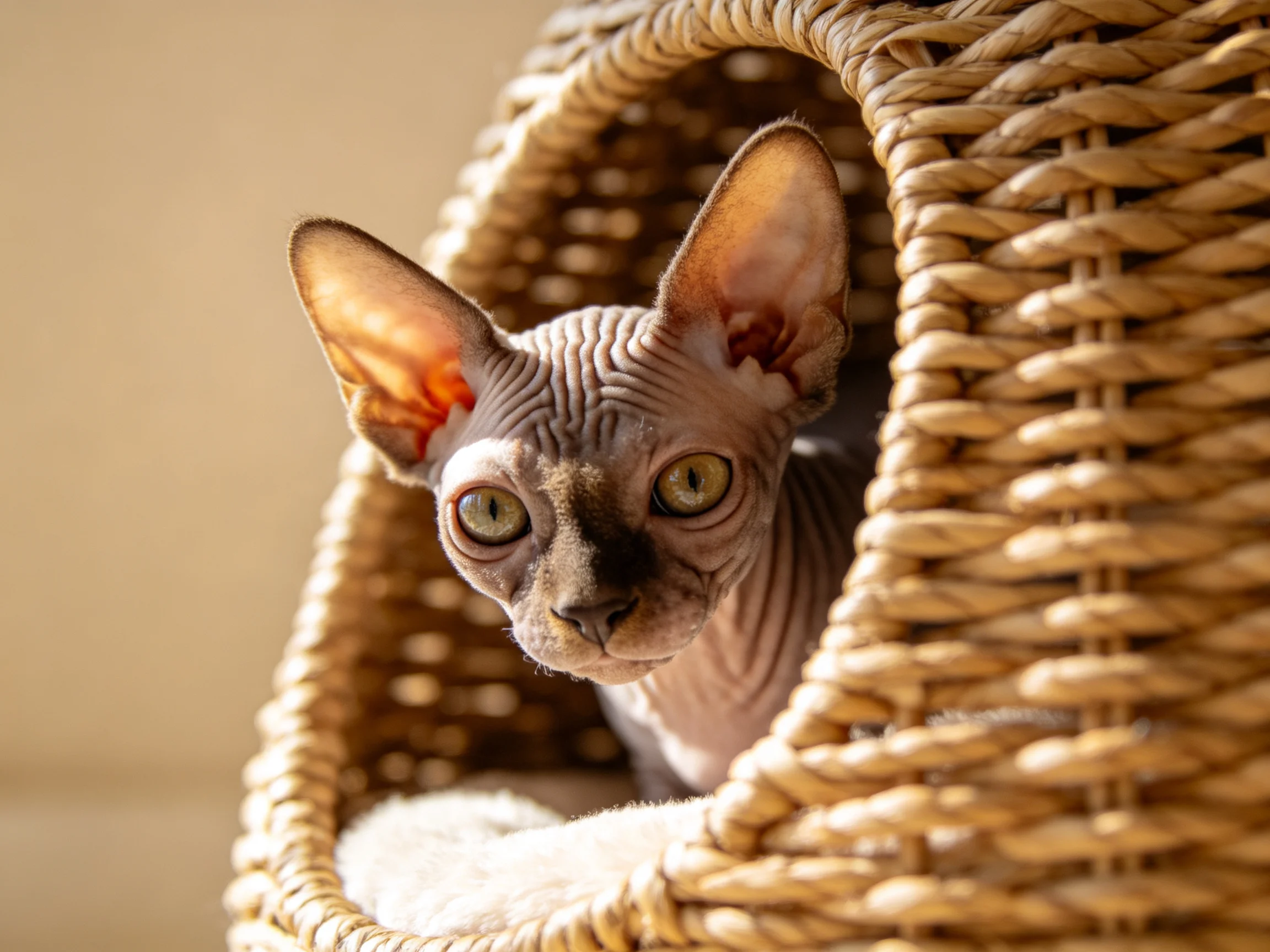 A hairless Sphynx cat in a woven wicker basket