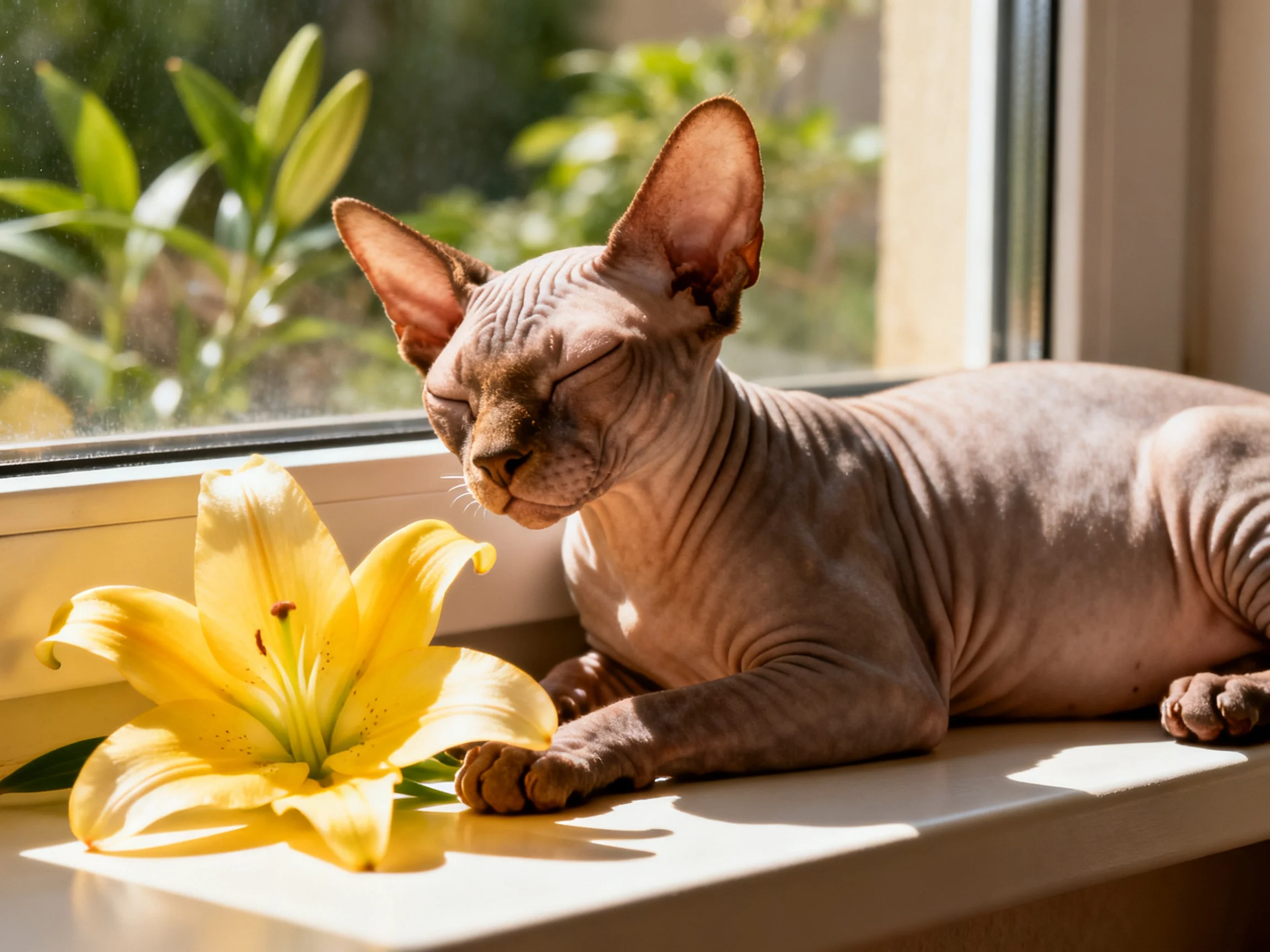 A hairless Sphynx cat rests beside a vibrant yellow lily on a sunlit windowsill