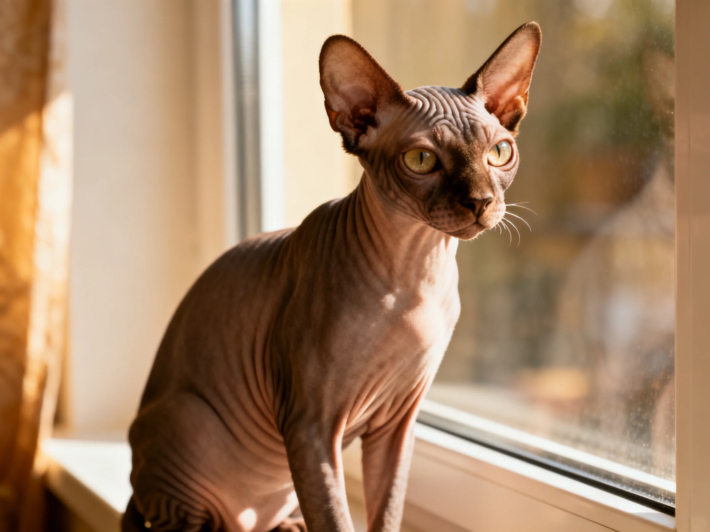 A hairless Sphynx cat sits by a sunlit window