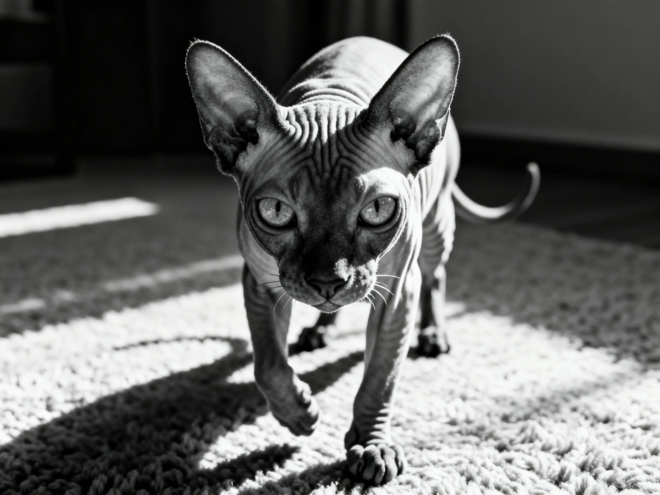 A hairless Sphynx cat walks on a shaggy rug with dramatic lighting