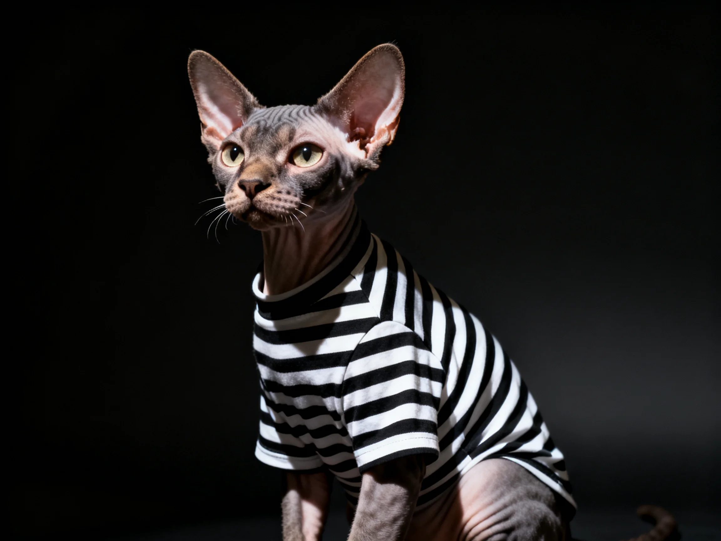 A hairless Sphynx cat wearing a black and white striped shirt