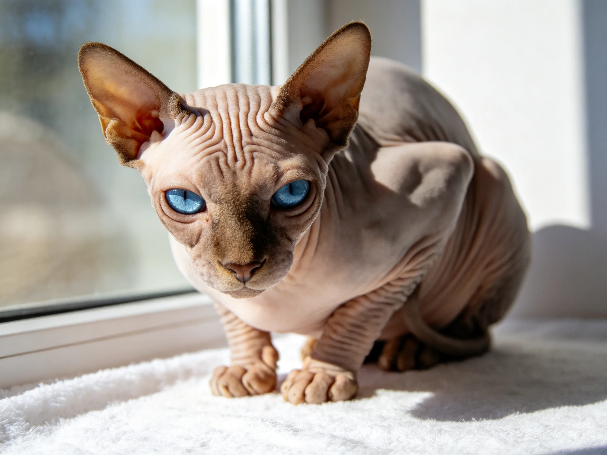 A hairless Sphynx cat with blue eyes near a sunlit window