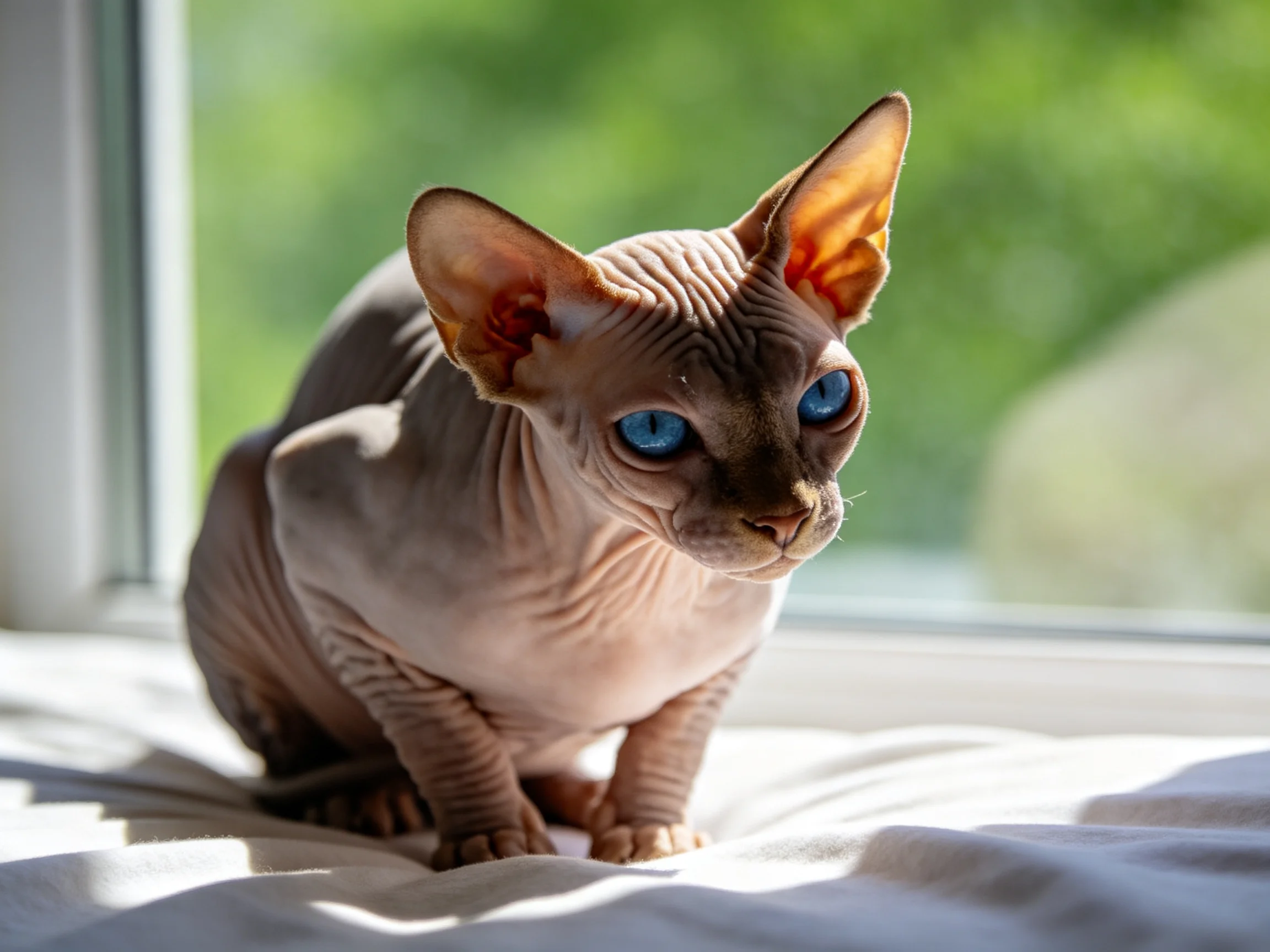 A hairless Sphynx cat with blue eyes sits near a sunlit window.