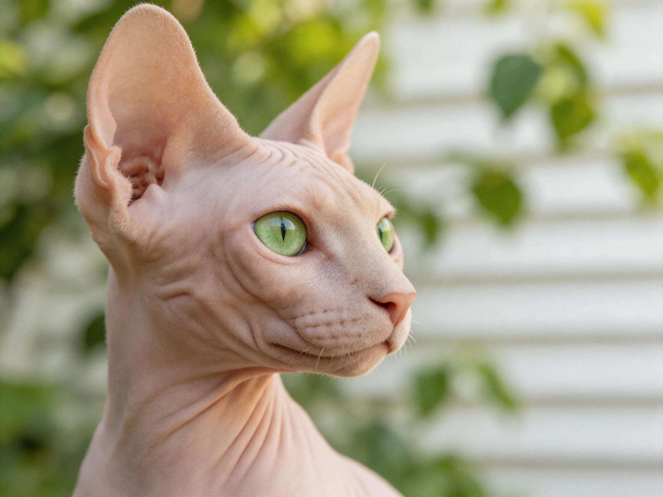 A hairless Sphynx cat with bright green eyes is depicted outdoors.