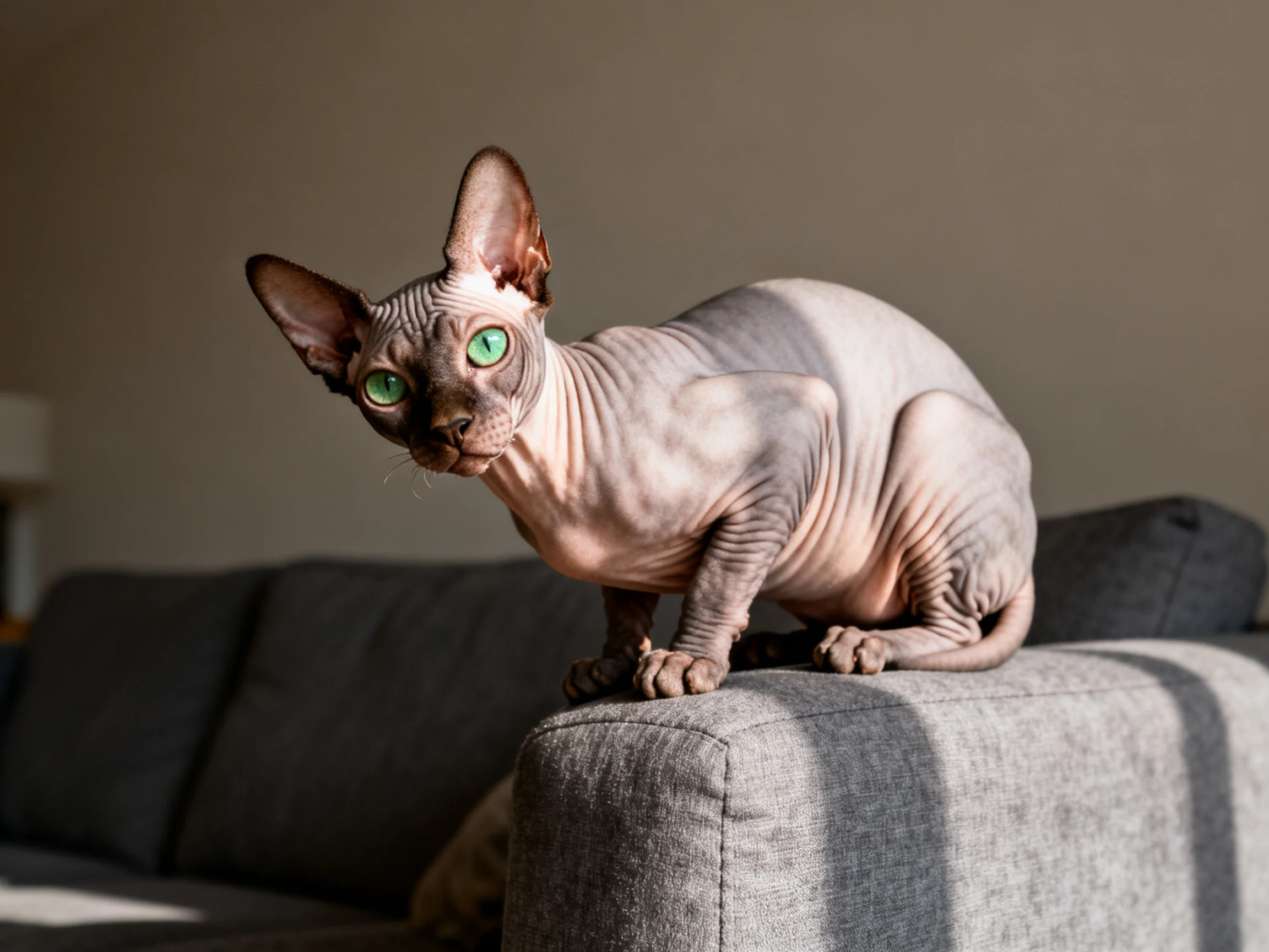 A hairless Sphynx cat with green eyes sitting a gray sofa