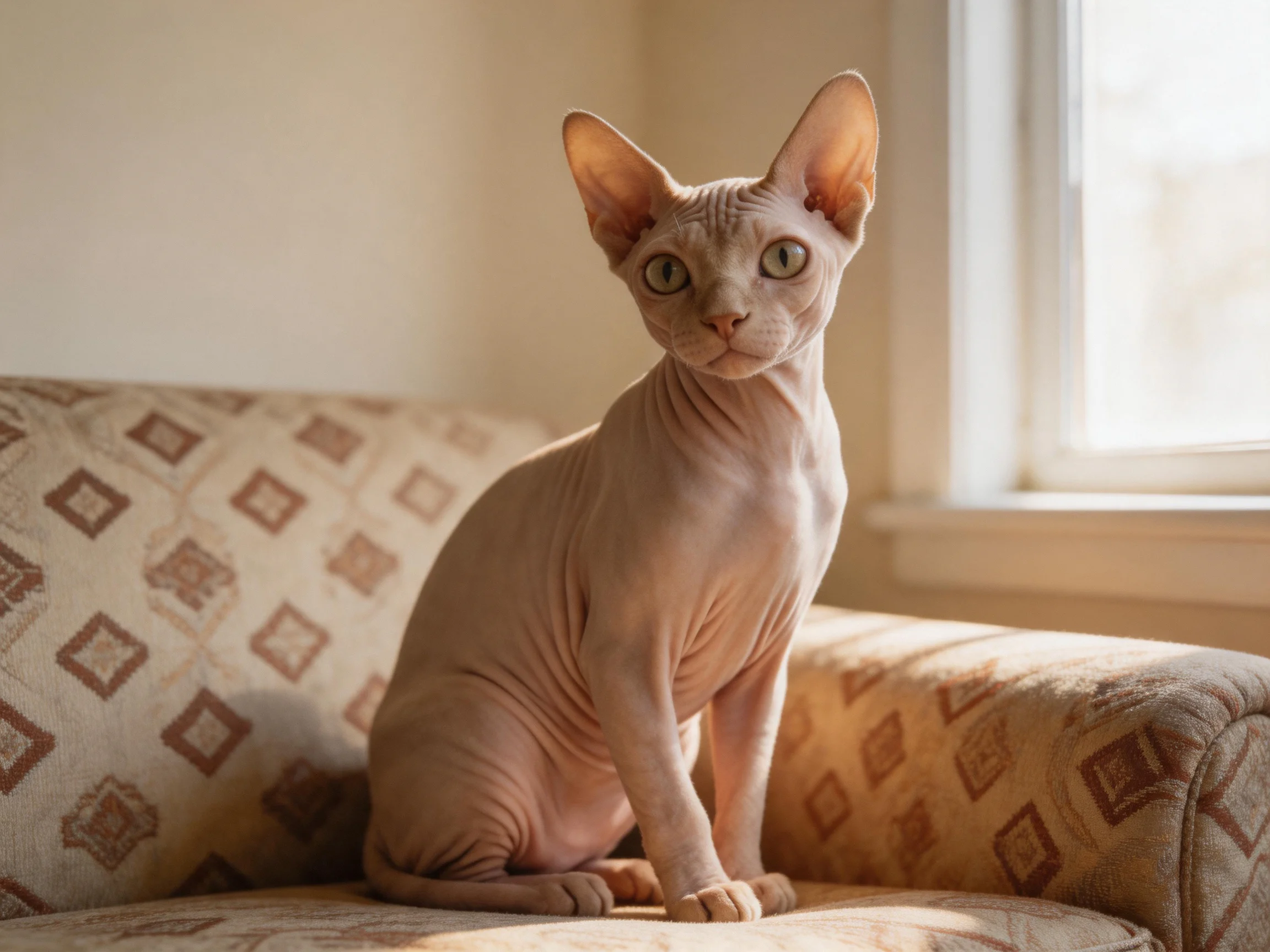 A hairless Sphynx cat with wrinkled skin sits on a beige-patterned couch by a sunlit window