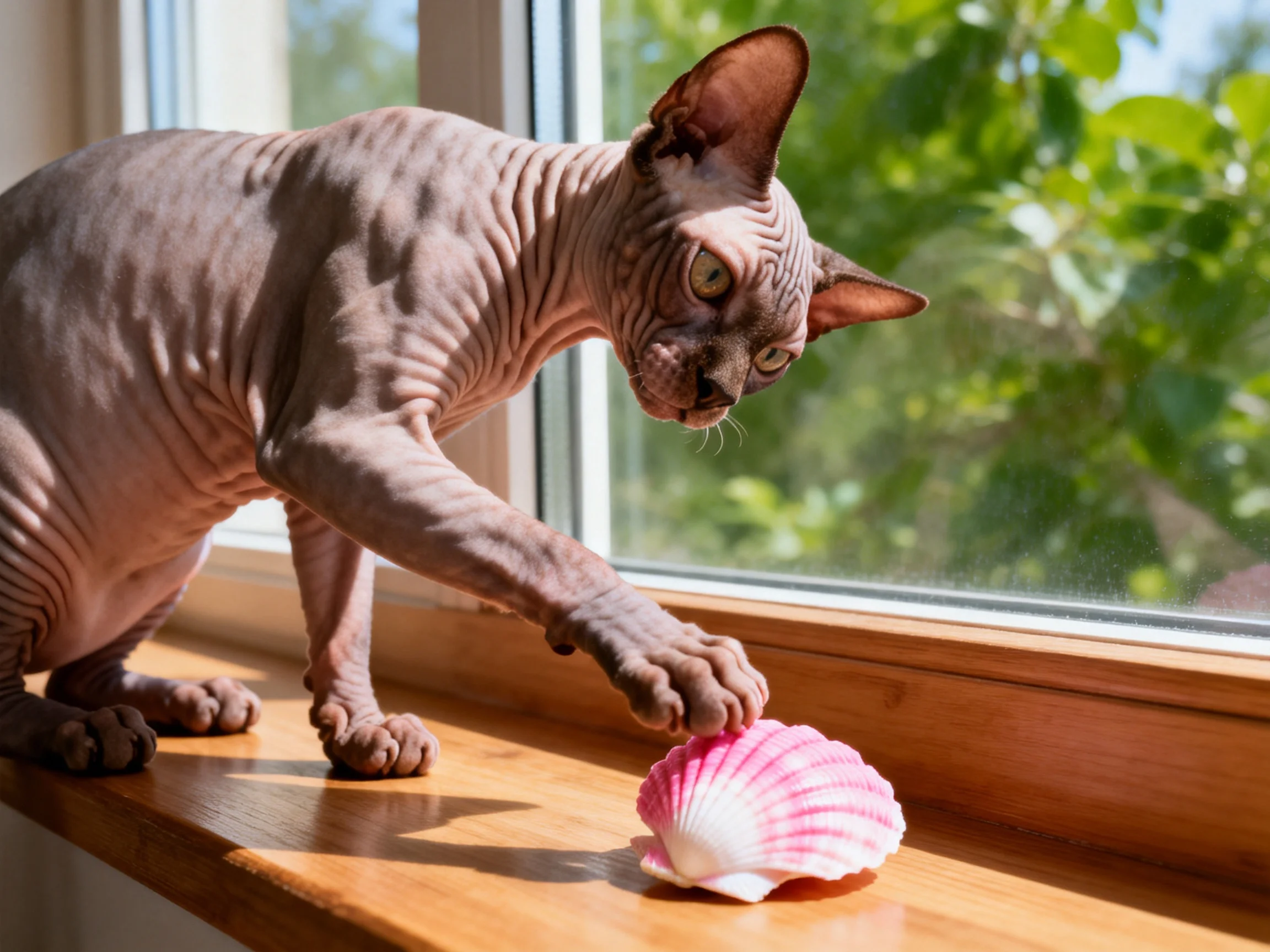 A hairless brown cat interacts with a pink seashell on a wooden windowsill