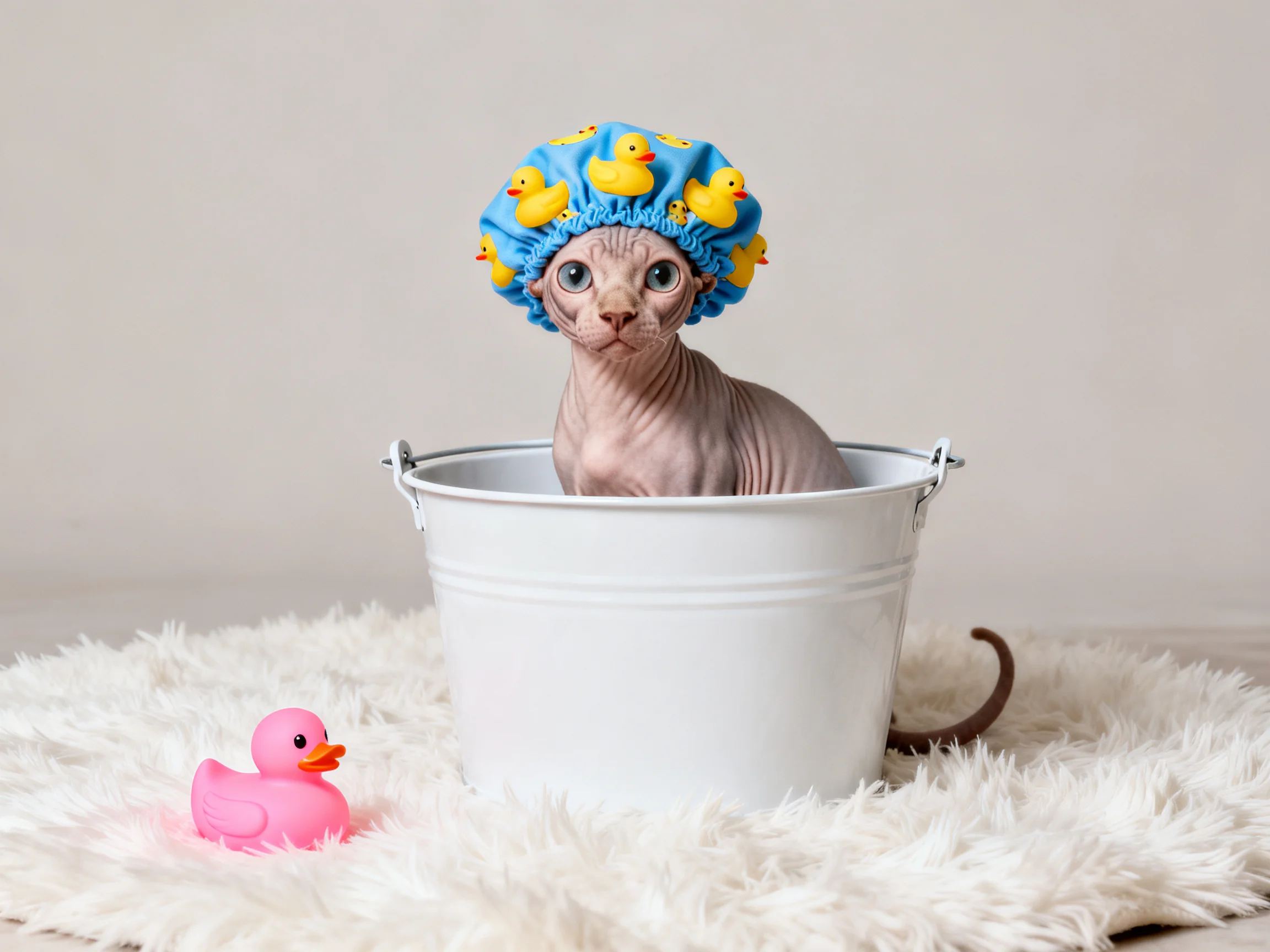 A hairless cat in a white bucket wears a blue duck-patterned shower cap near a pink rubber duck