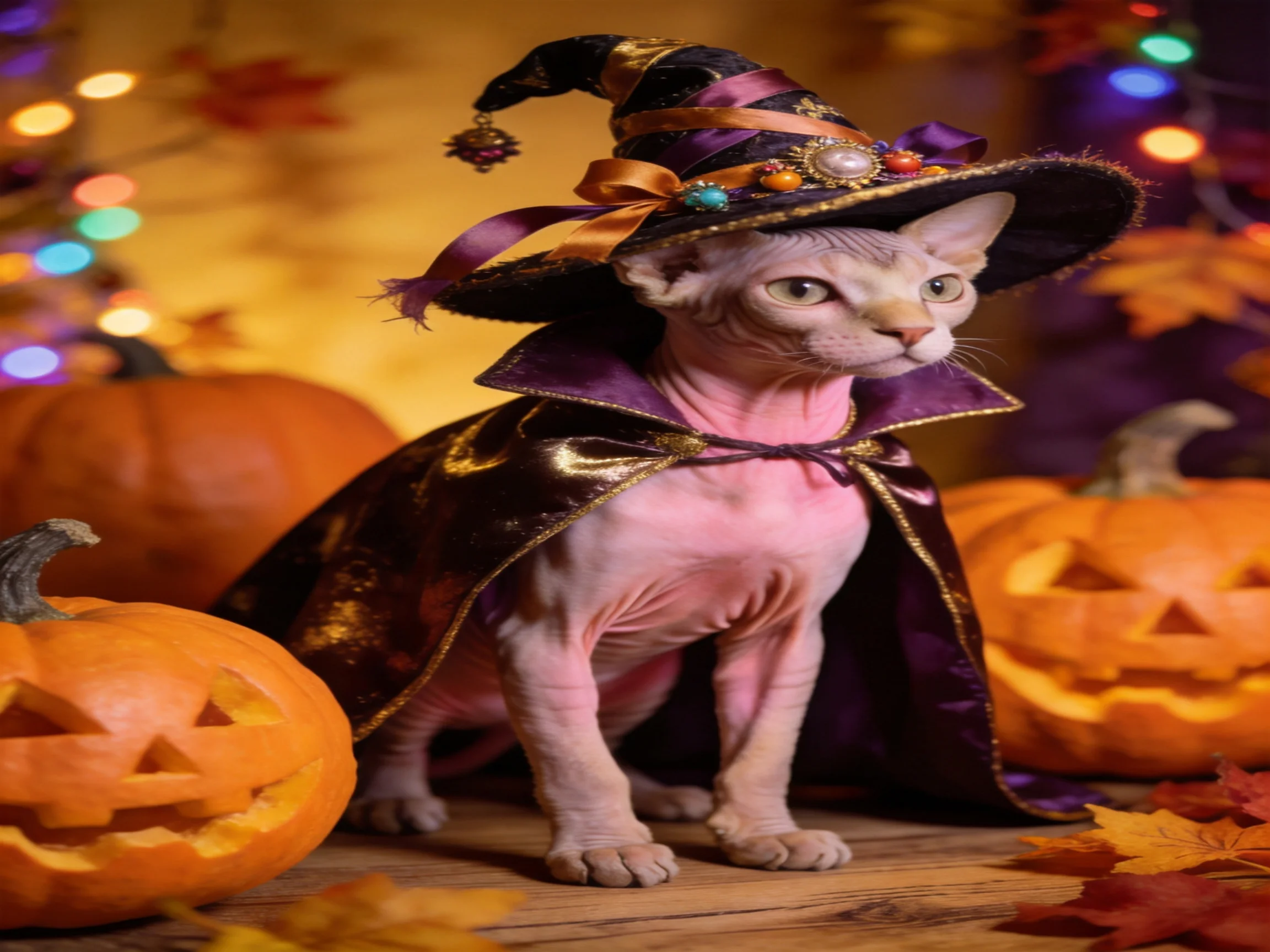 A hairless cat in a witch costume among carved pumpkins and autumn decor