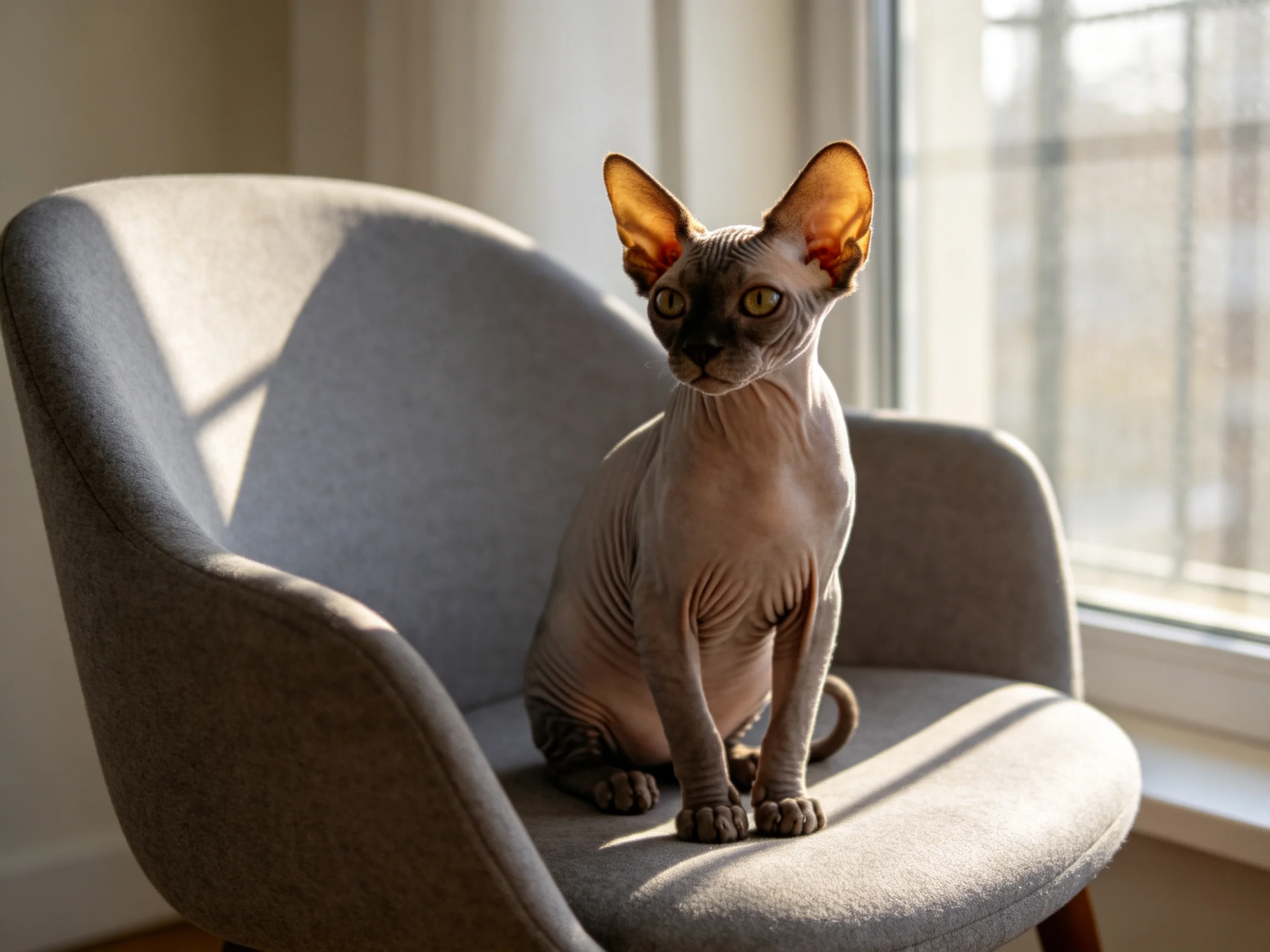 A hairless cat sits on a gray armchair by a sunlit window