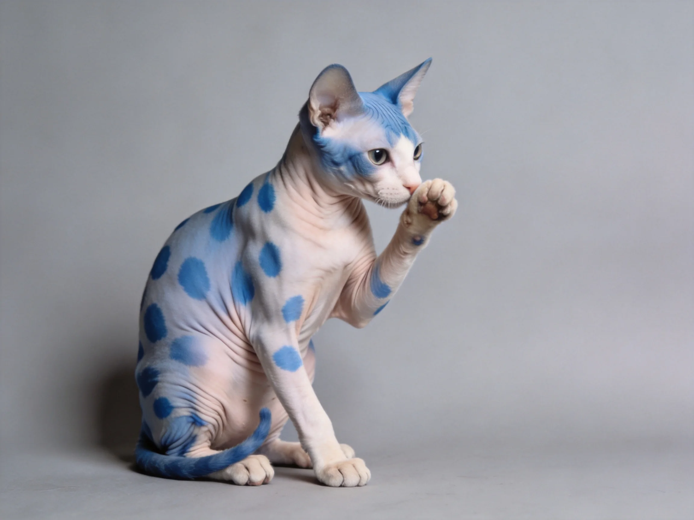 A hairless cat with blue spotted skin on a gray backdrop