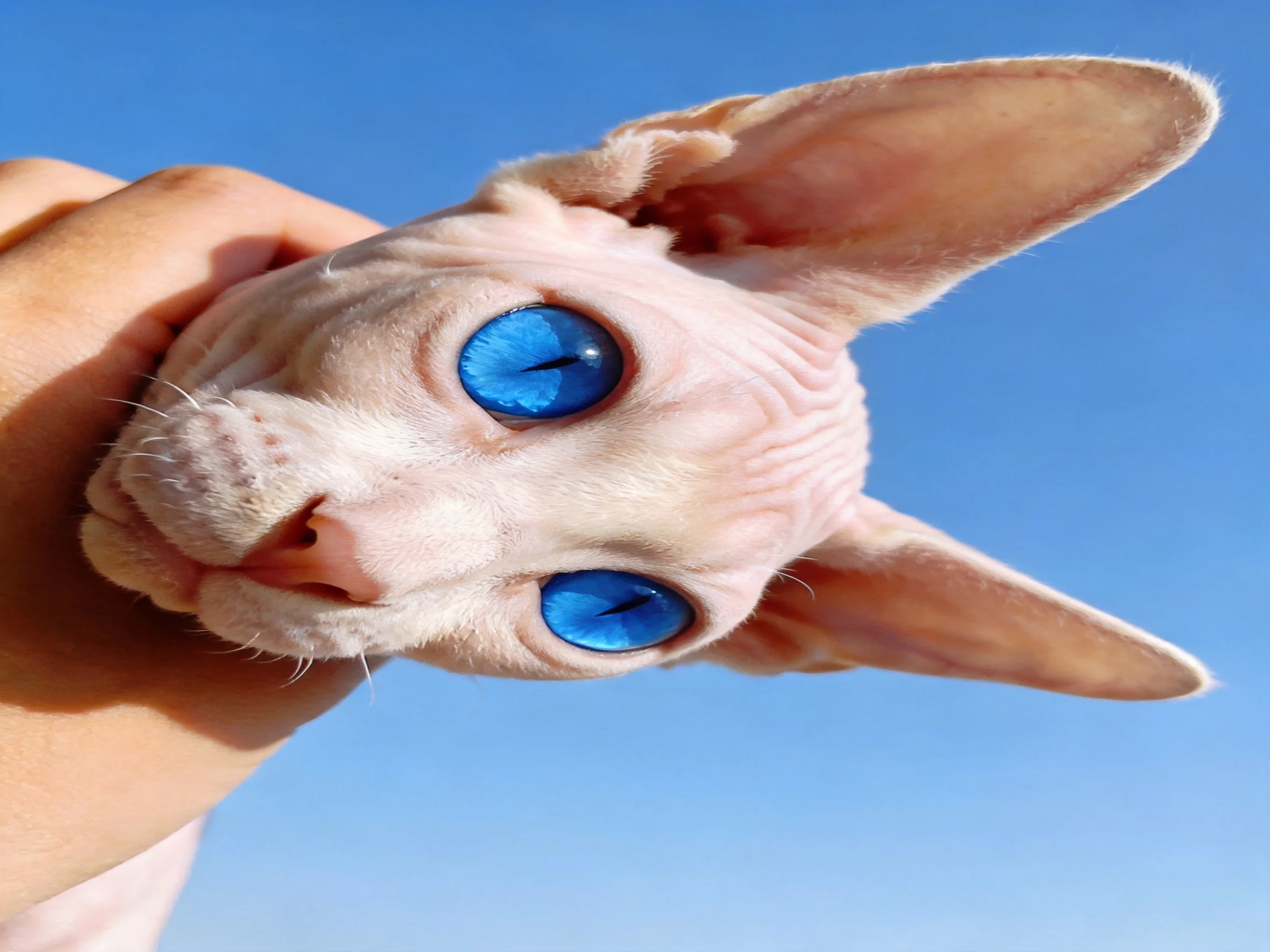 A hairless cat with bright blue eyes held up under a clear blue sky