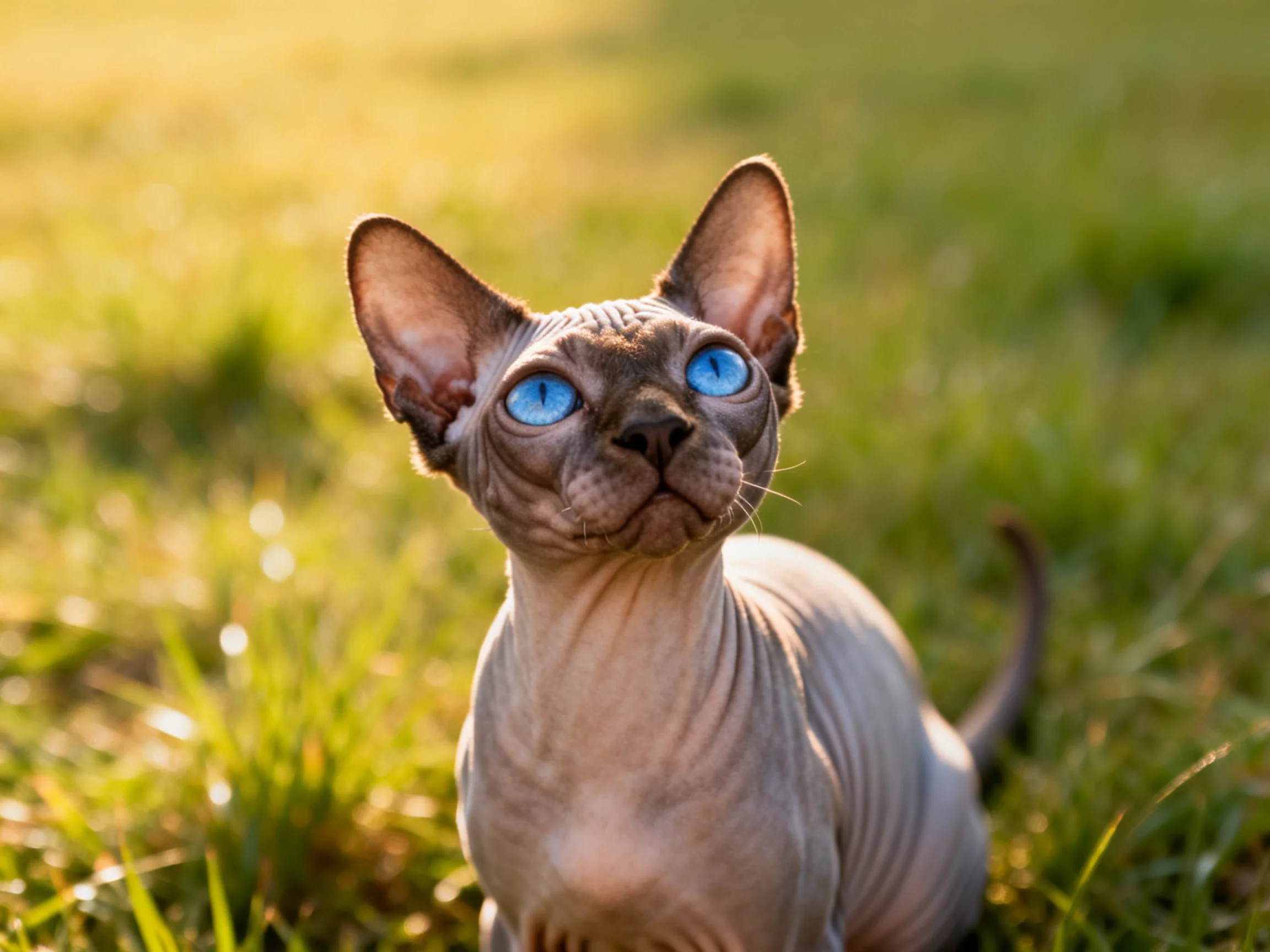 A hairless cat with bright blue eyes on sunlit green grass