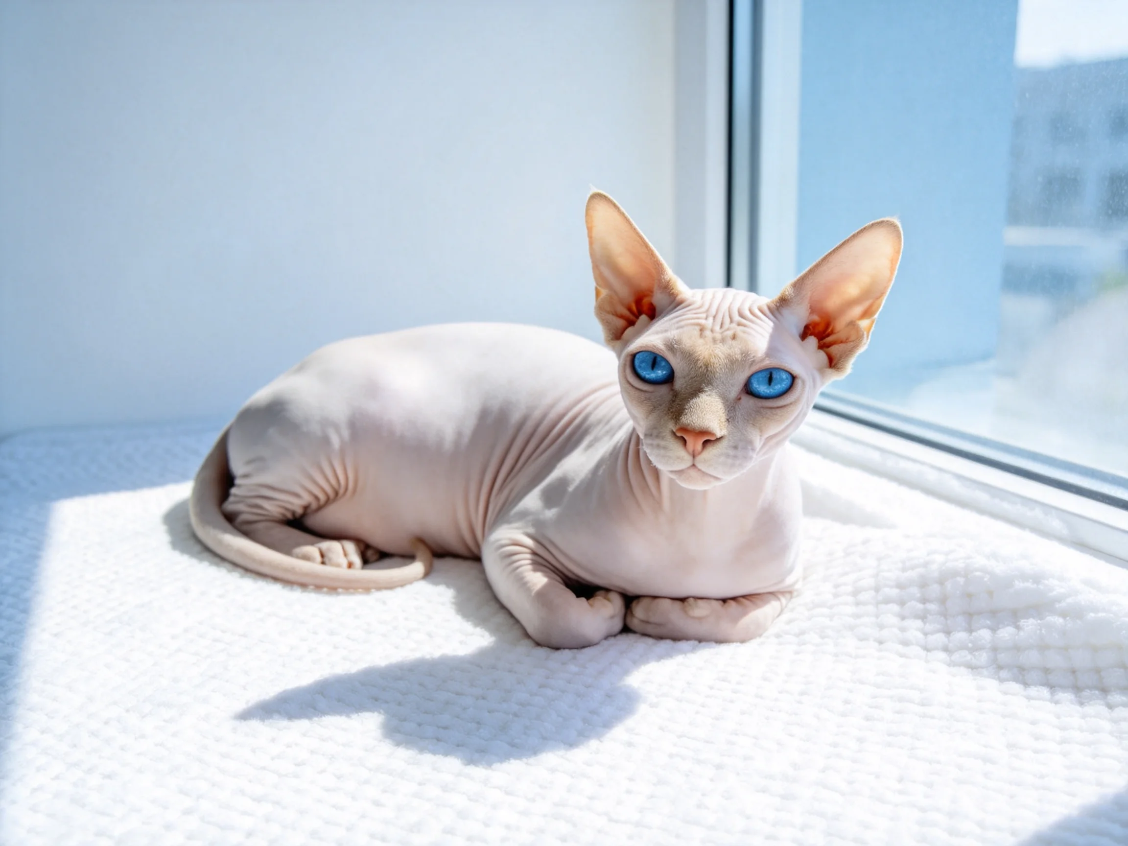 A hairless cat with blue eyes relaxes near a sunlit window.