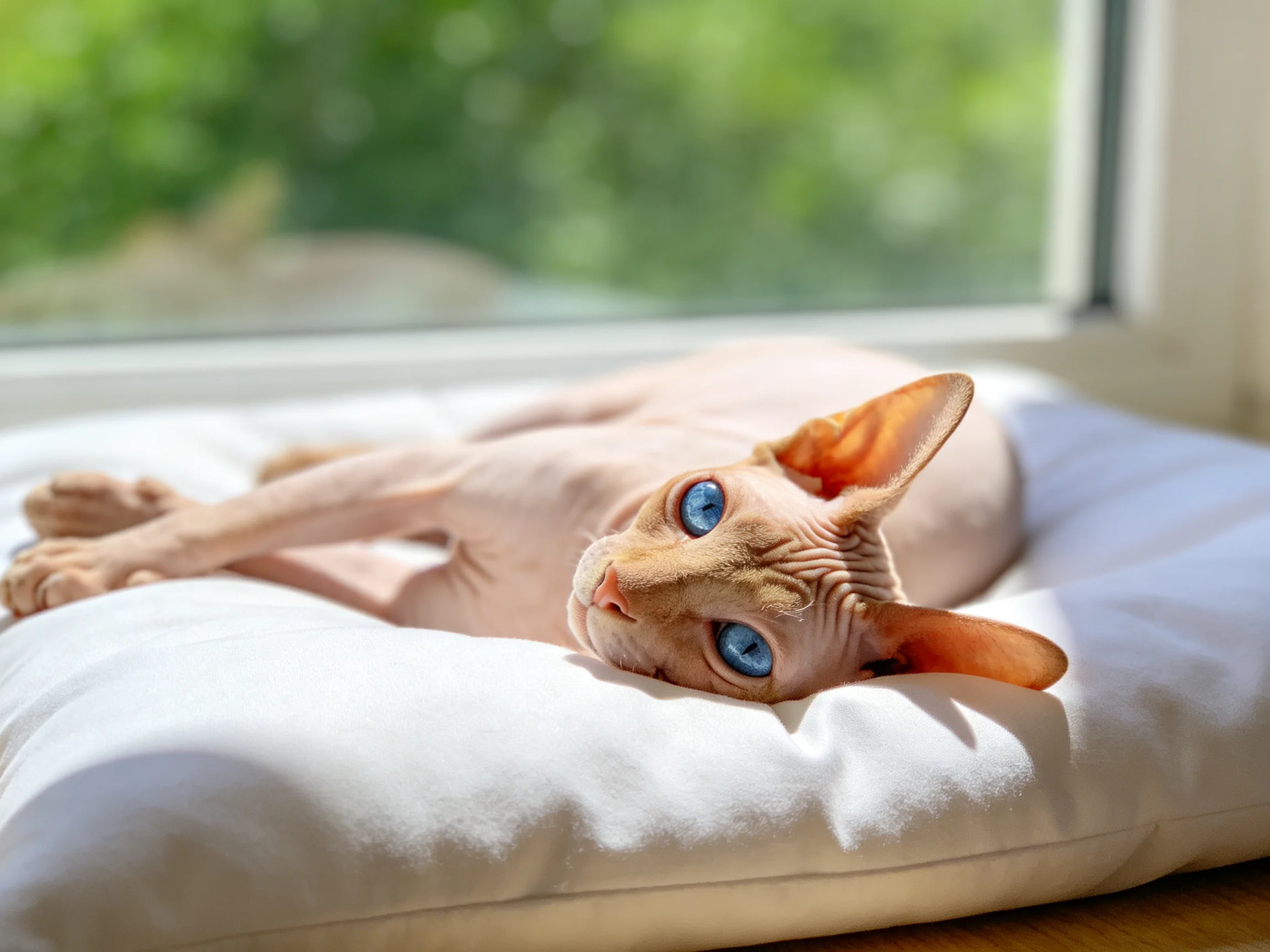 A hairless cat with bright blue eyes rests on a white cushion by a sunlit window.