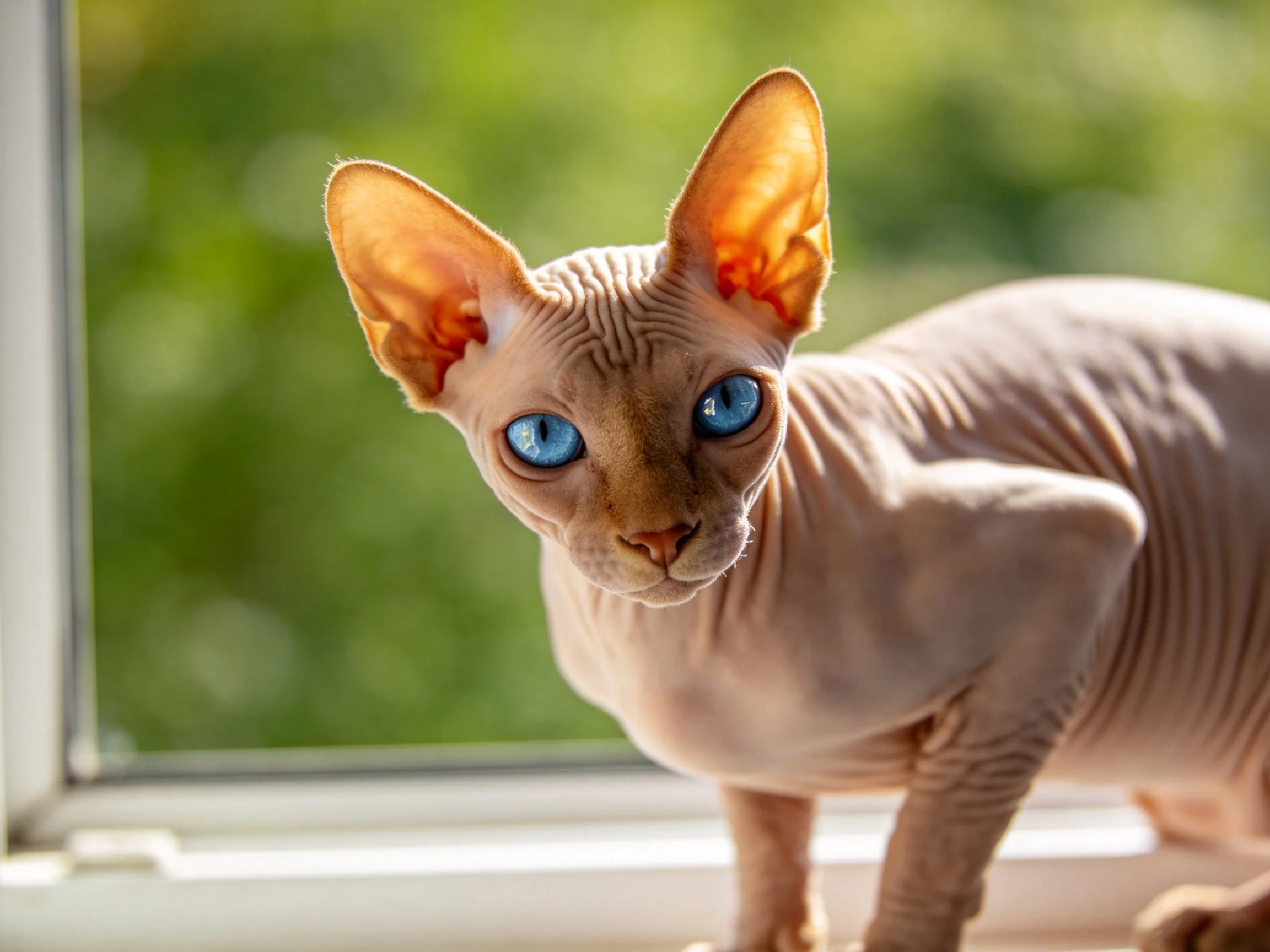A hairless cat with bright blue eyes sits by a sunlit window