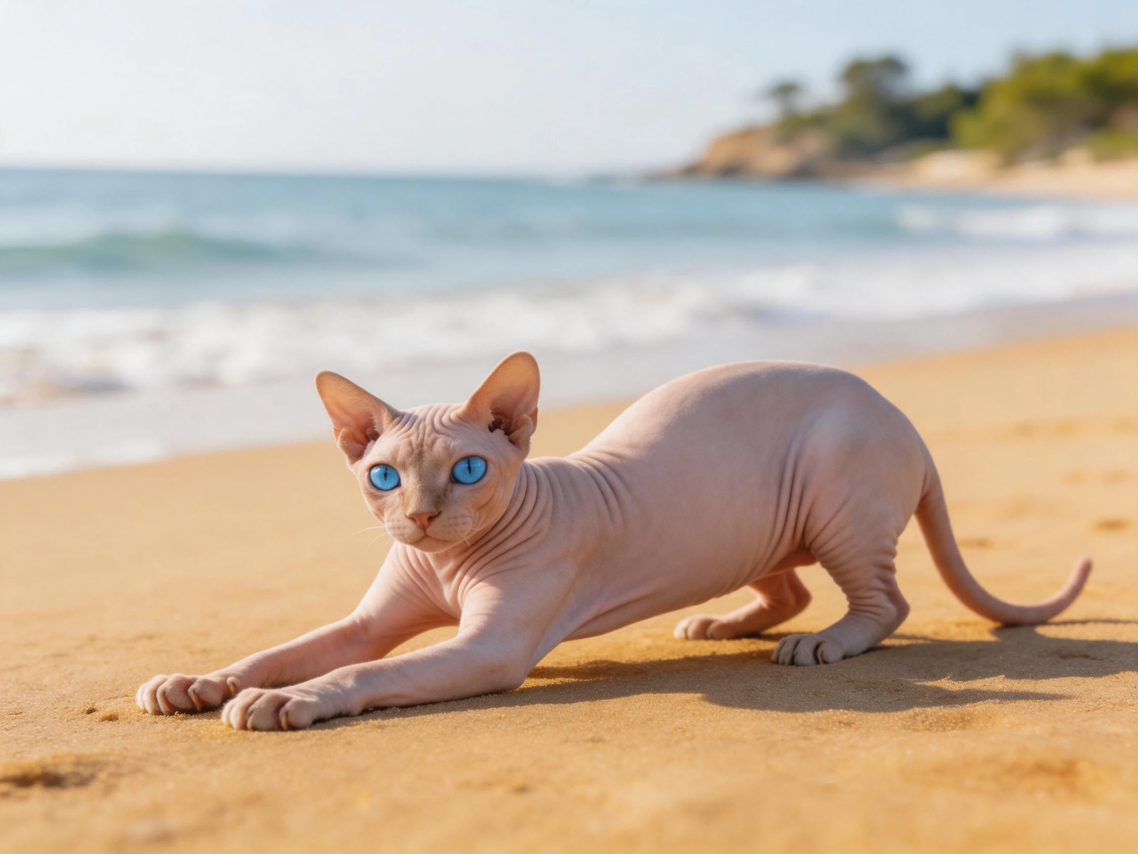 A hairless cat with bright blue eyes stretches on a sandy beach near the ocean