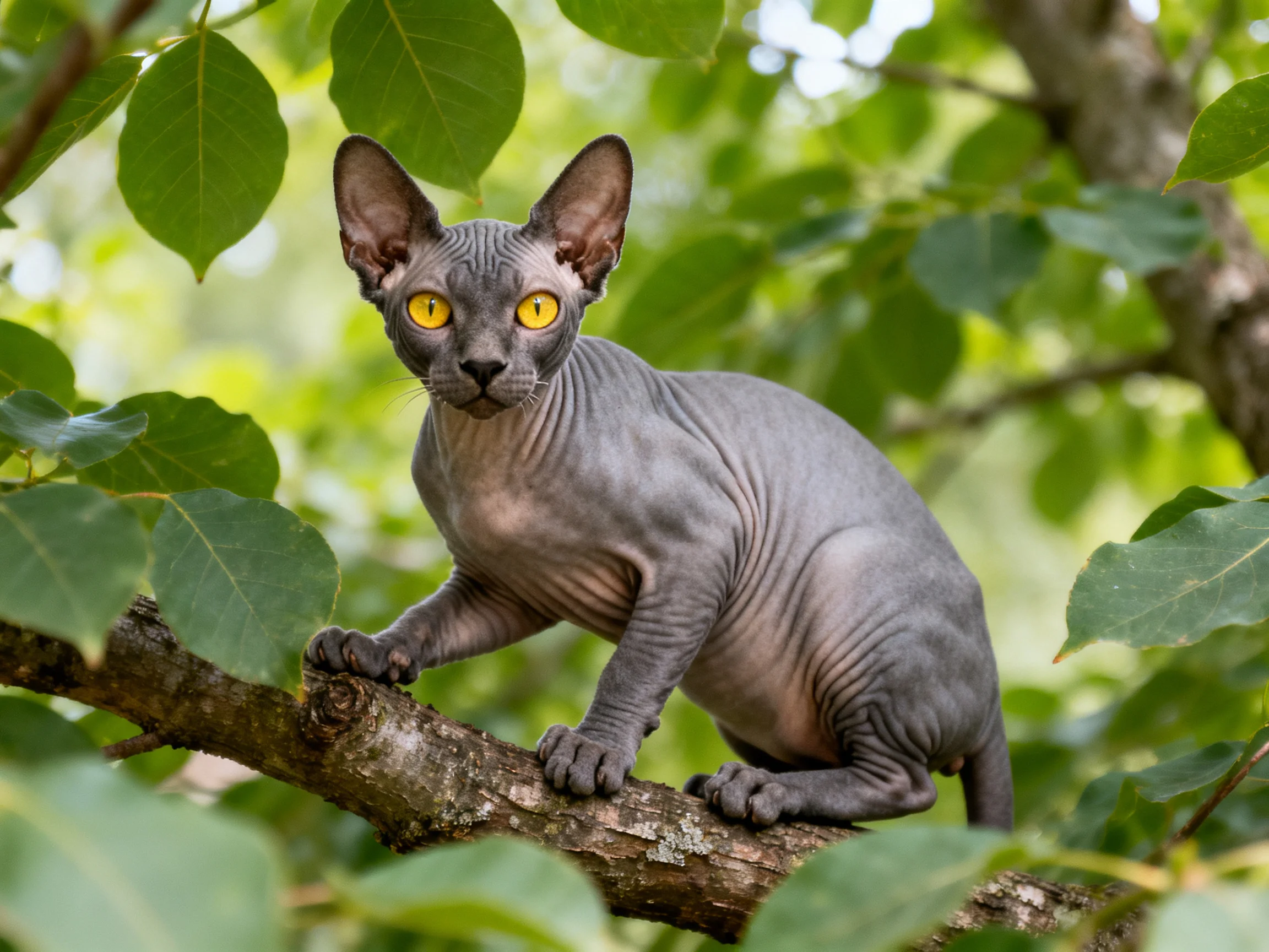 A hairless gray Sphynx cat with yellow eyes perched on a tree branch amid lush green foliage