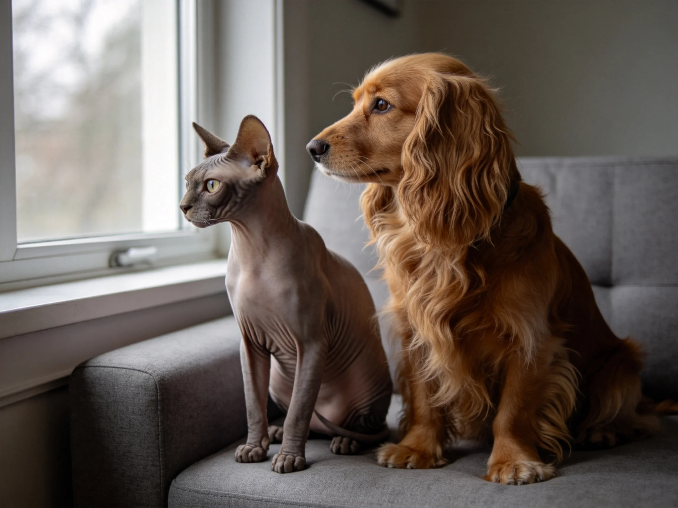 A hairless gray cat and golden dog sit on a gray couch by a window
