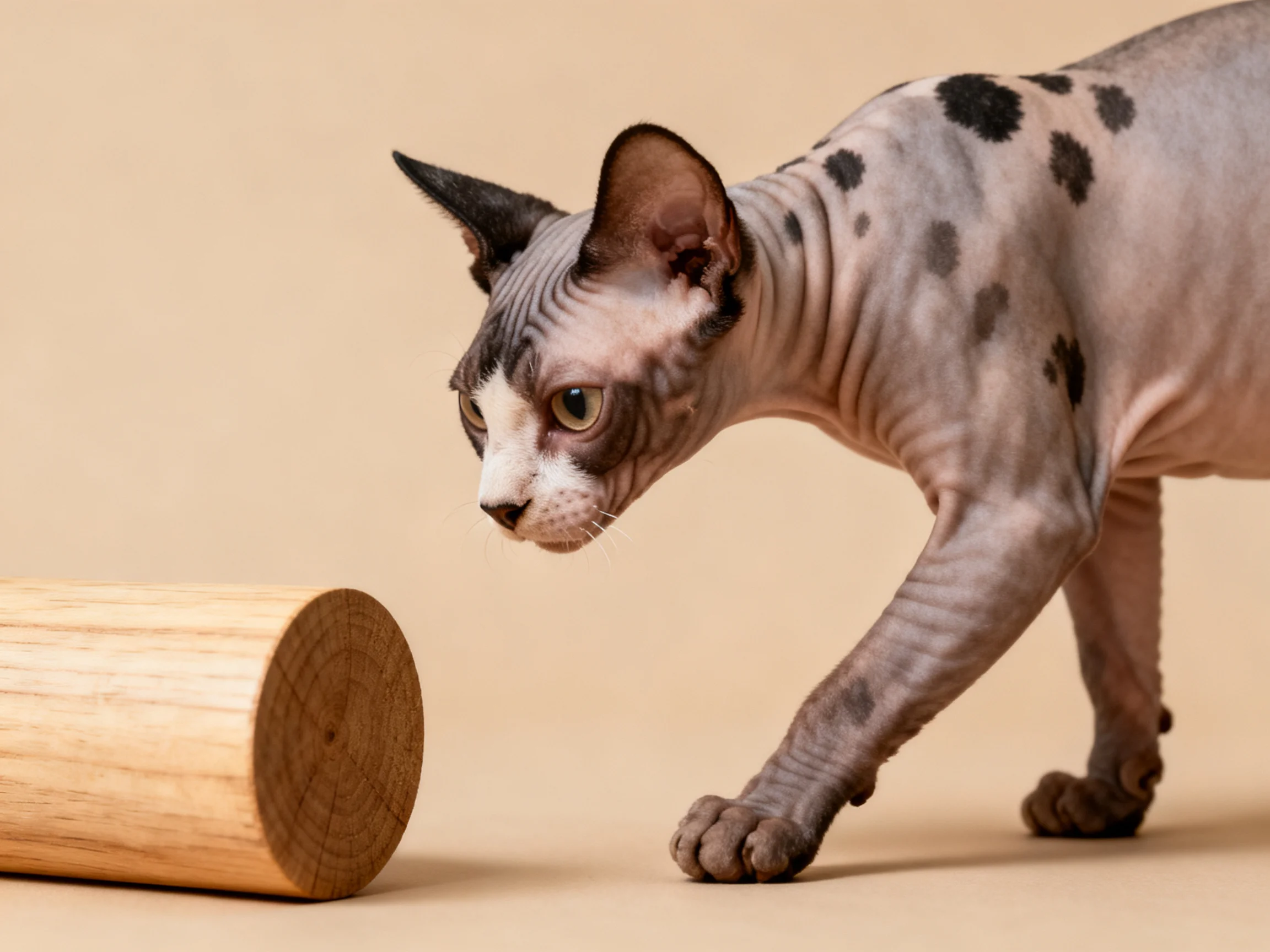 A hairless spotted cat approaches a smooth wooden cylinder
