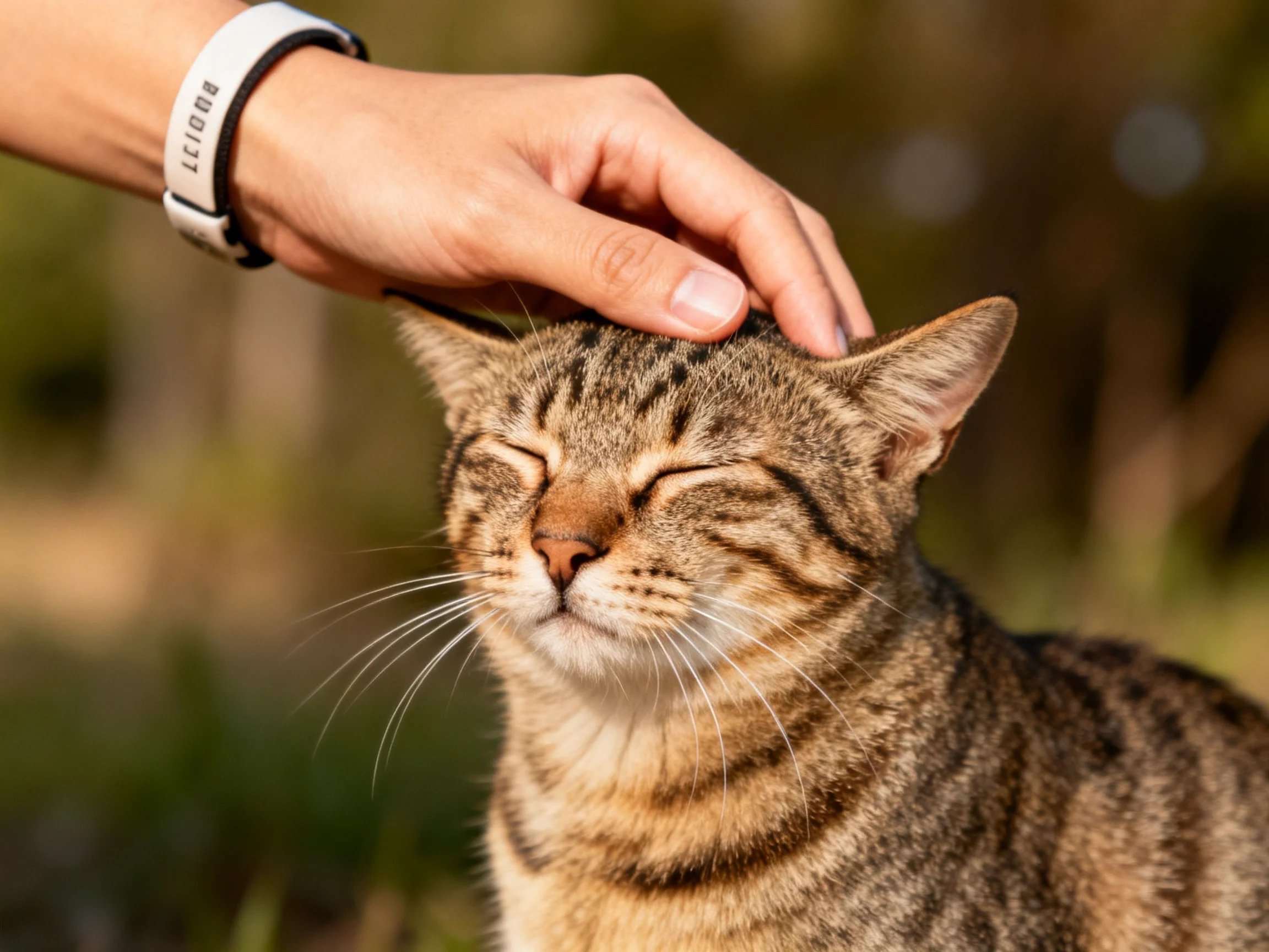 A hand gently pets a content brown-tabby cat outdoors